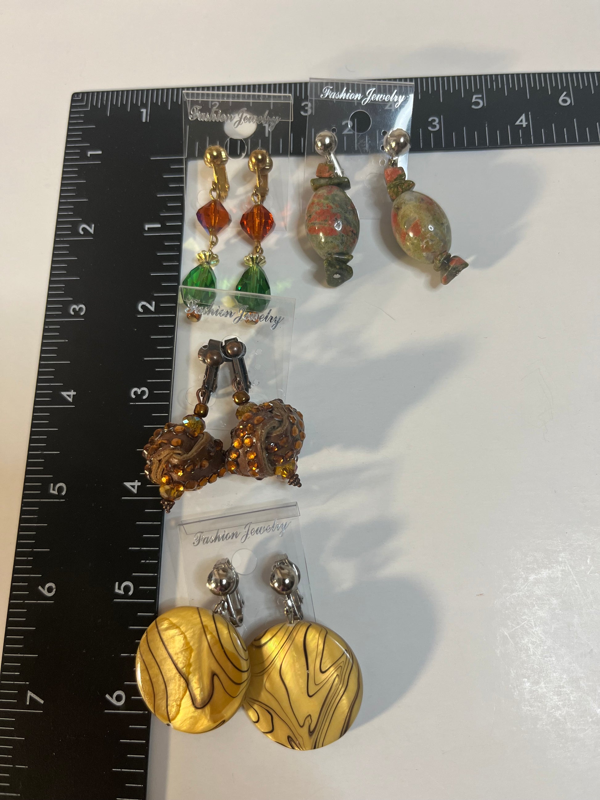 Jasper Leather Crystal Clip On Earrings 4 Pair Dangles 1" -2" USA Made G6