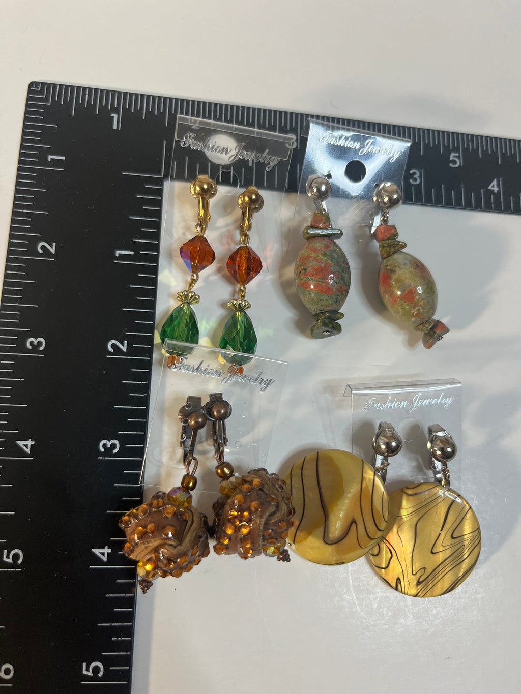 Jasper Leather Crystal Clip On Earrings 4 Pair Dangles 1" -2" USA Made G6