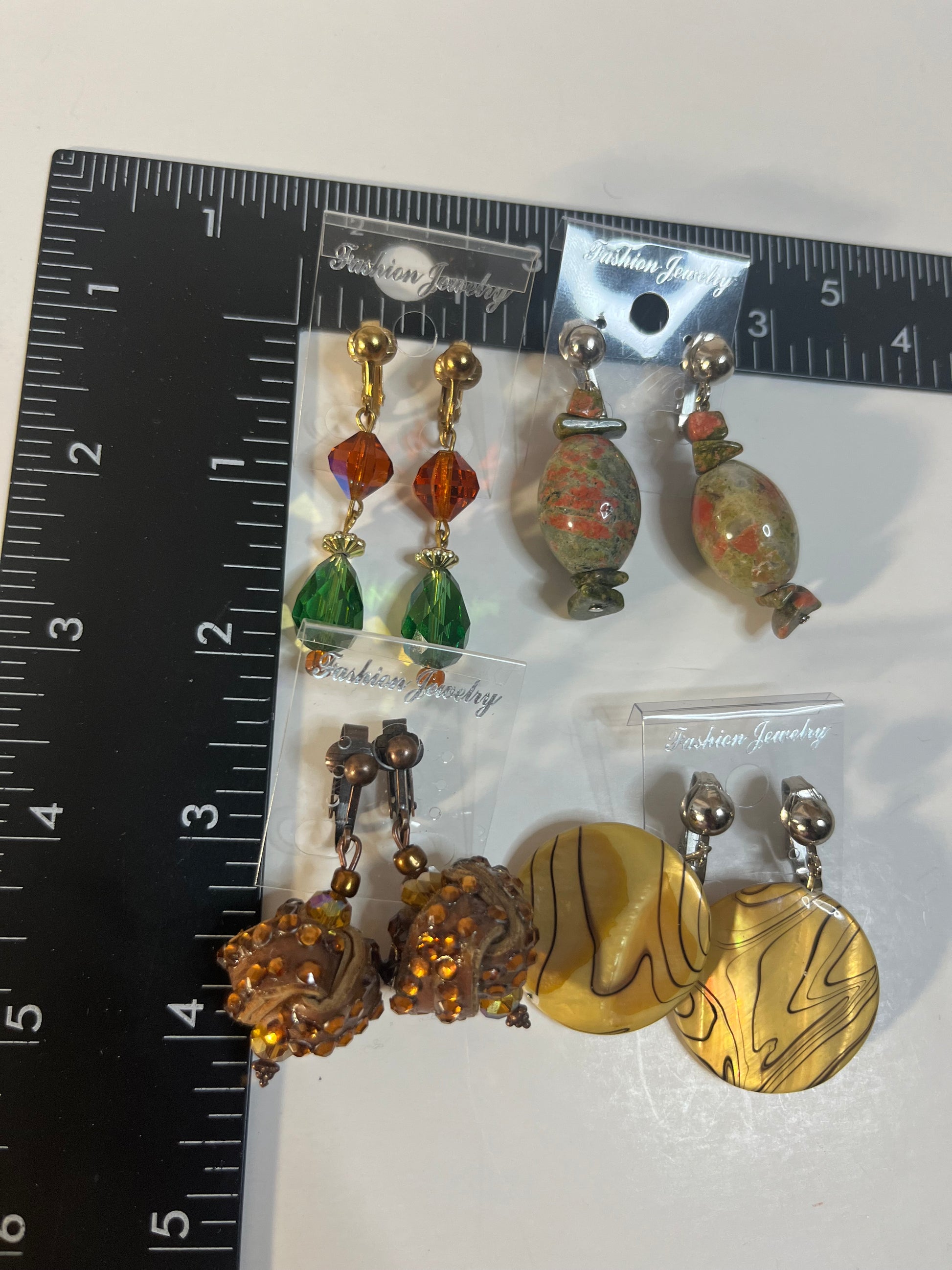 Jasper Leather Crystal Clip On Earrings 4 Pair Dangles 1" -2" USA Made G6