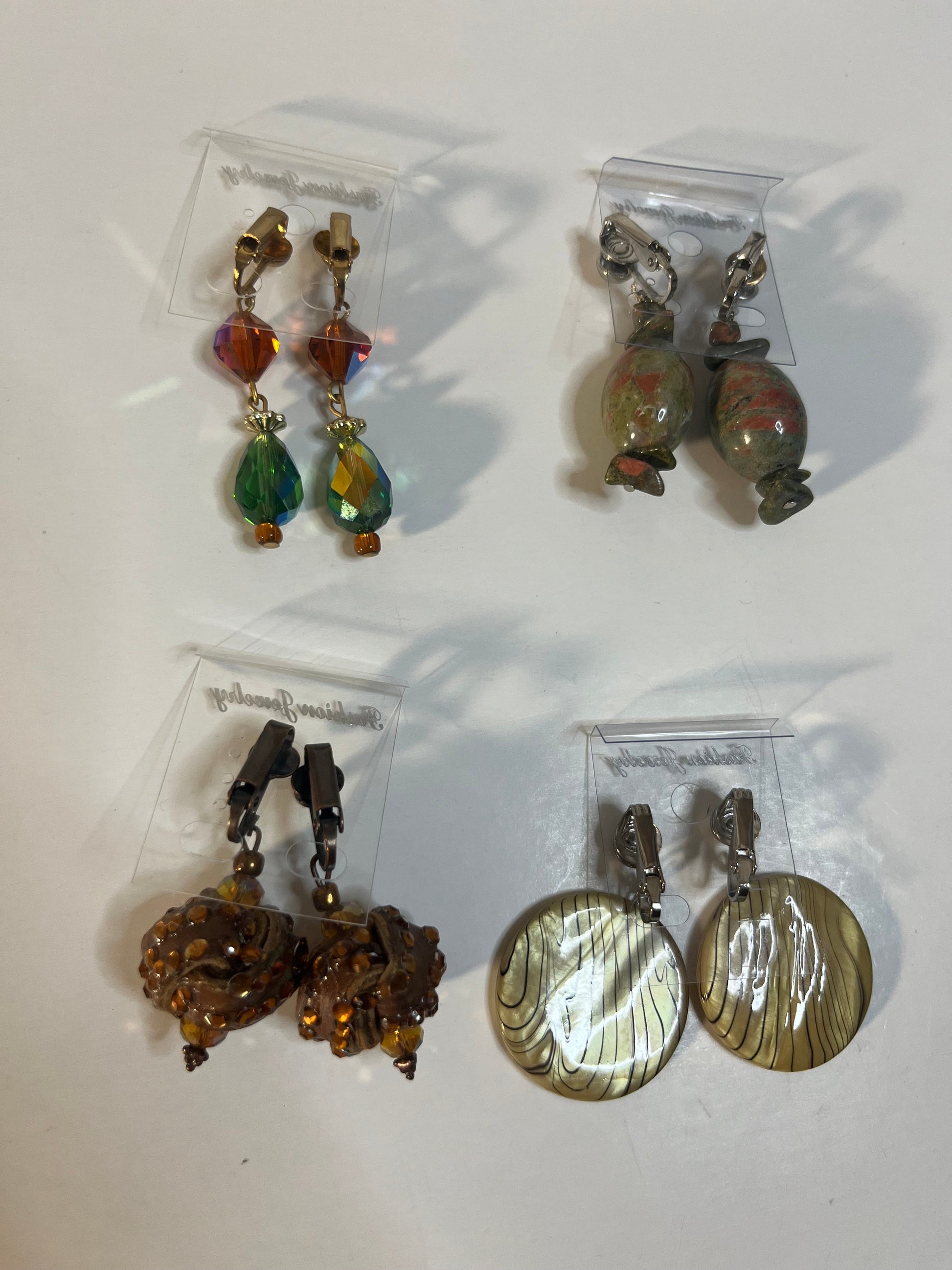 Jasper Leather Crystal Clip On Earrings 4 Pair Dangles 1" -2" USA Made G6
