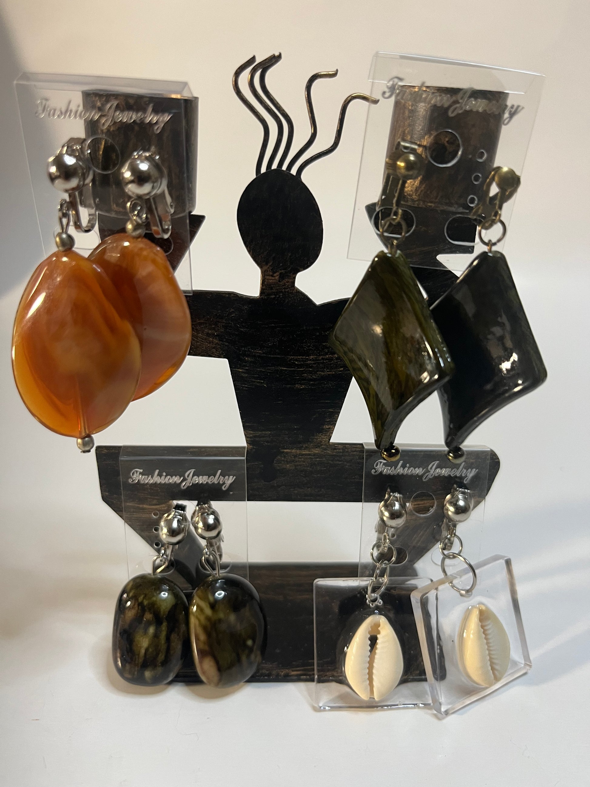 Cowrie Shells, Resin Bead Clip On Earrings 4 Pair Dangles 1"- 2" USA Made G8