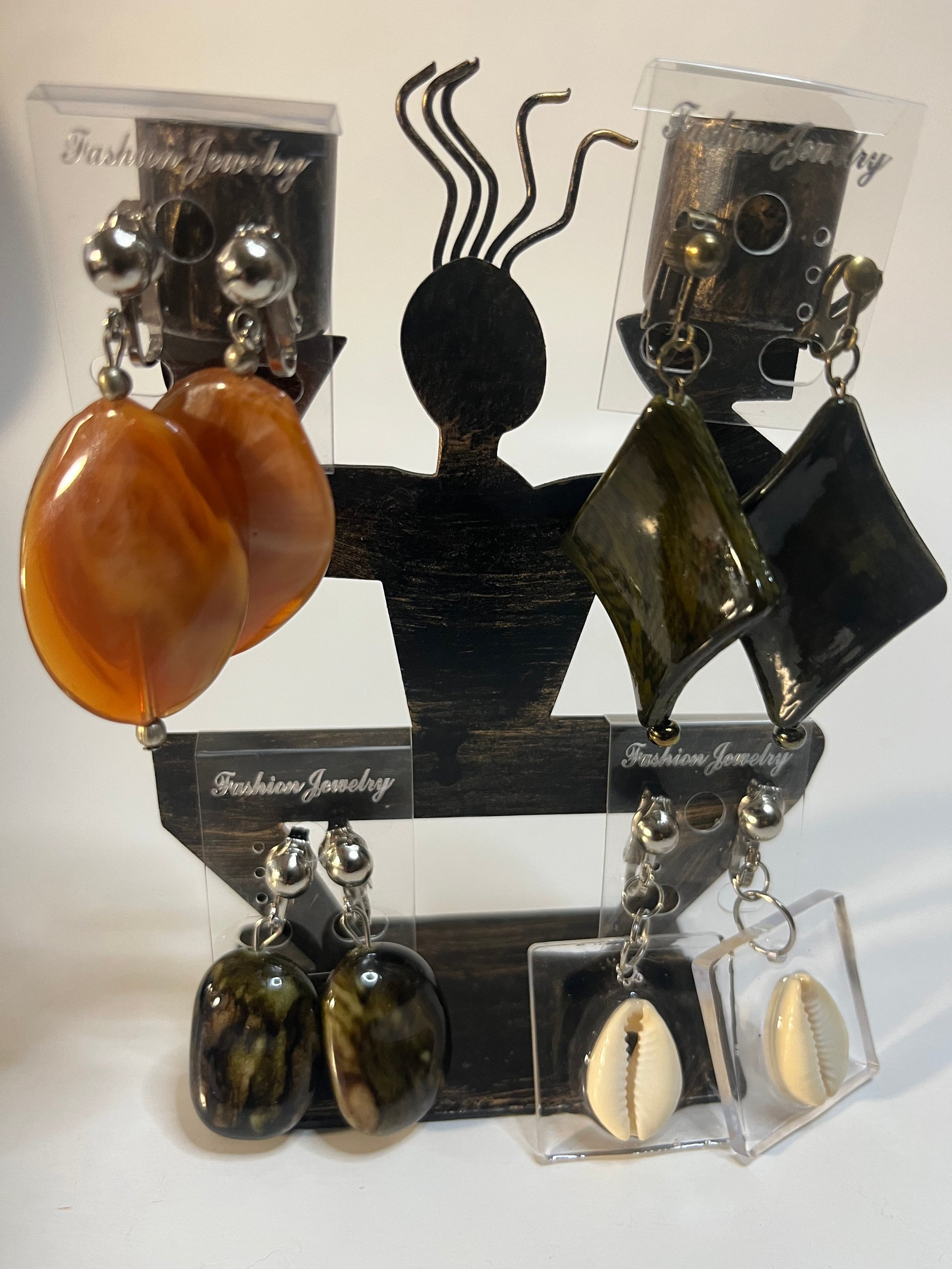 Cowrie Shells, Resin Bead Clip On Earrings 4 Pair Dangles 1"- 2" USA Made G8