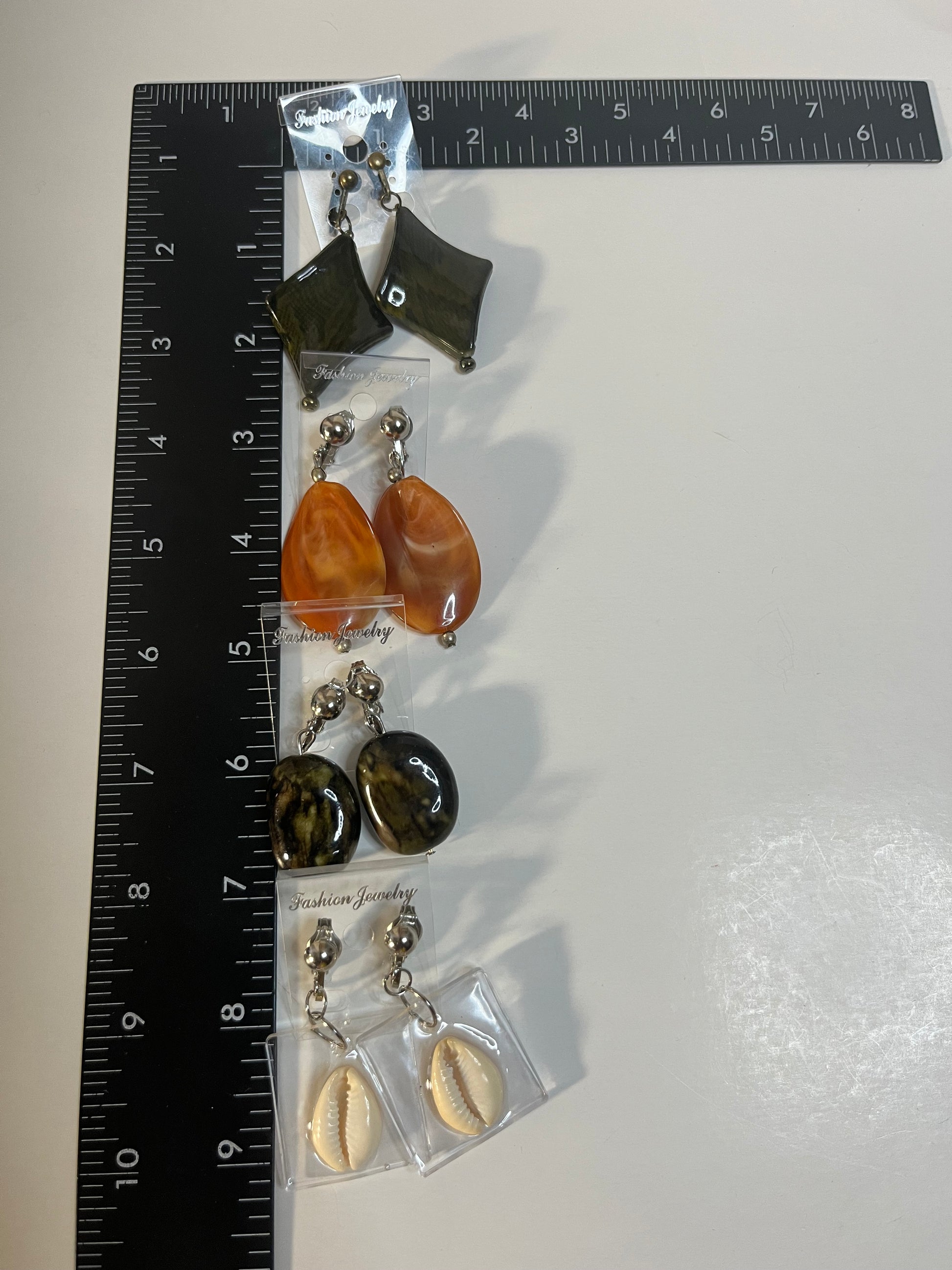 Cowrie Shells, Resin Bead Clip On Earrings 4 Pair Dangles 1"- 2" USA Made G8