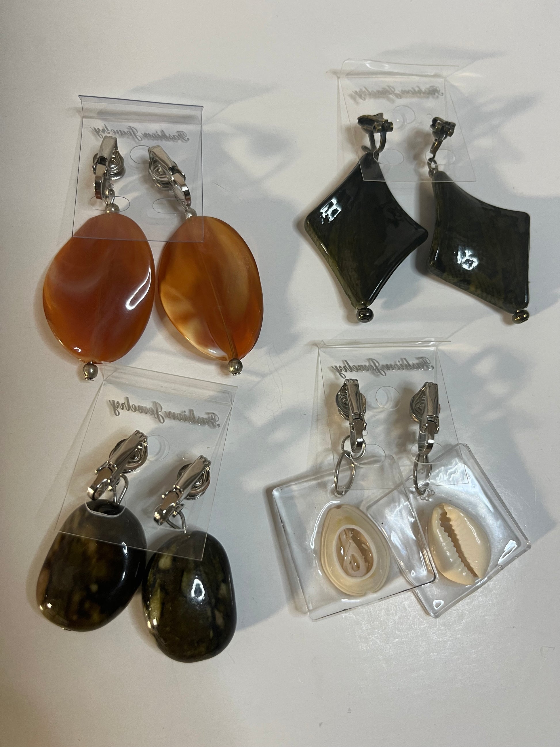 Cowrie Shells, Resin Bead Clip On Earrings 4 Pair Dangles 1"- 2" USA Made G8