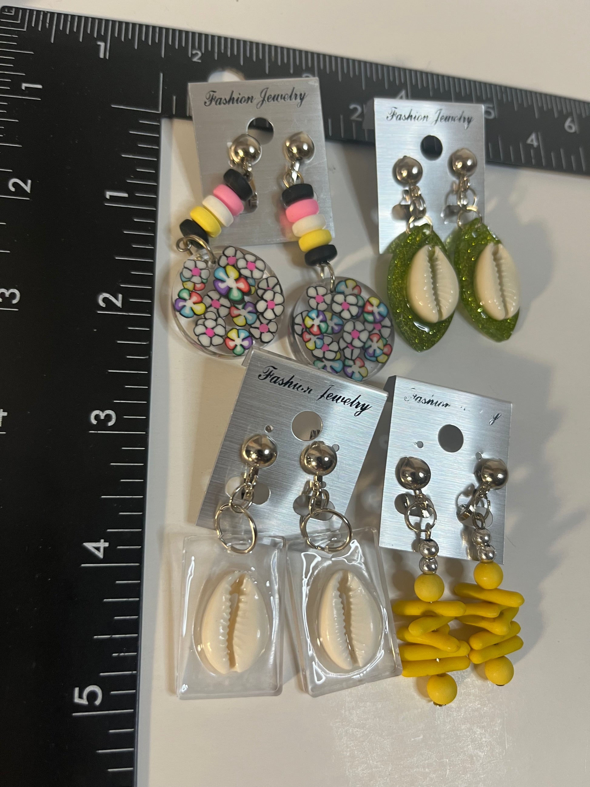 Cowrie Shells, Resin Clip On Earrings 4 Pair Dangles 1"- 2" USA Made G9