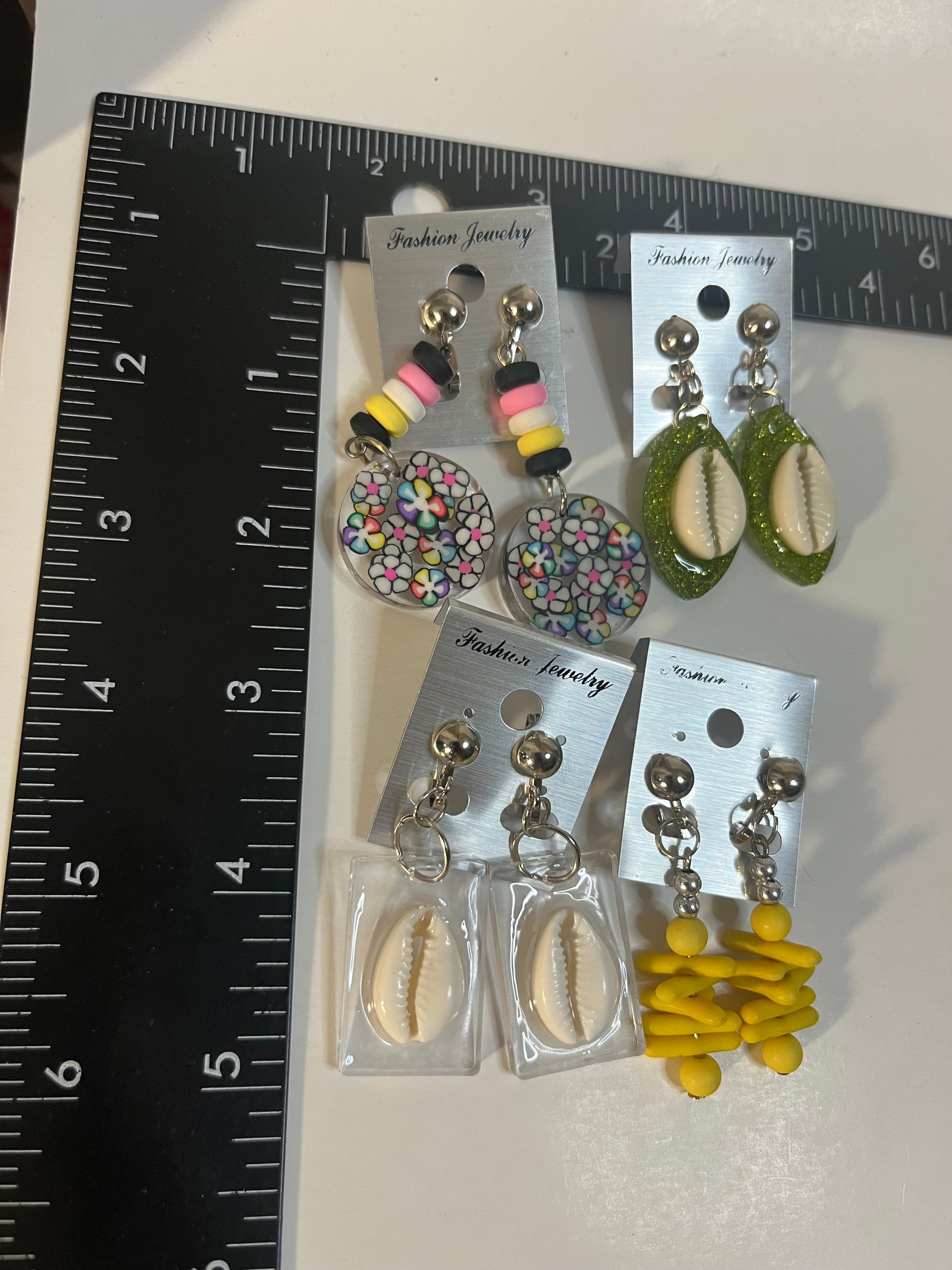 Cowrie Shells, Resin Clip On Earrings 4 Pair Dangles 1"- 2" USA Made G9