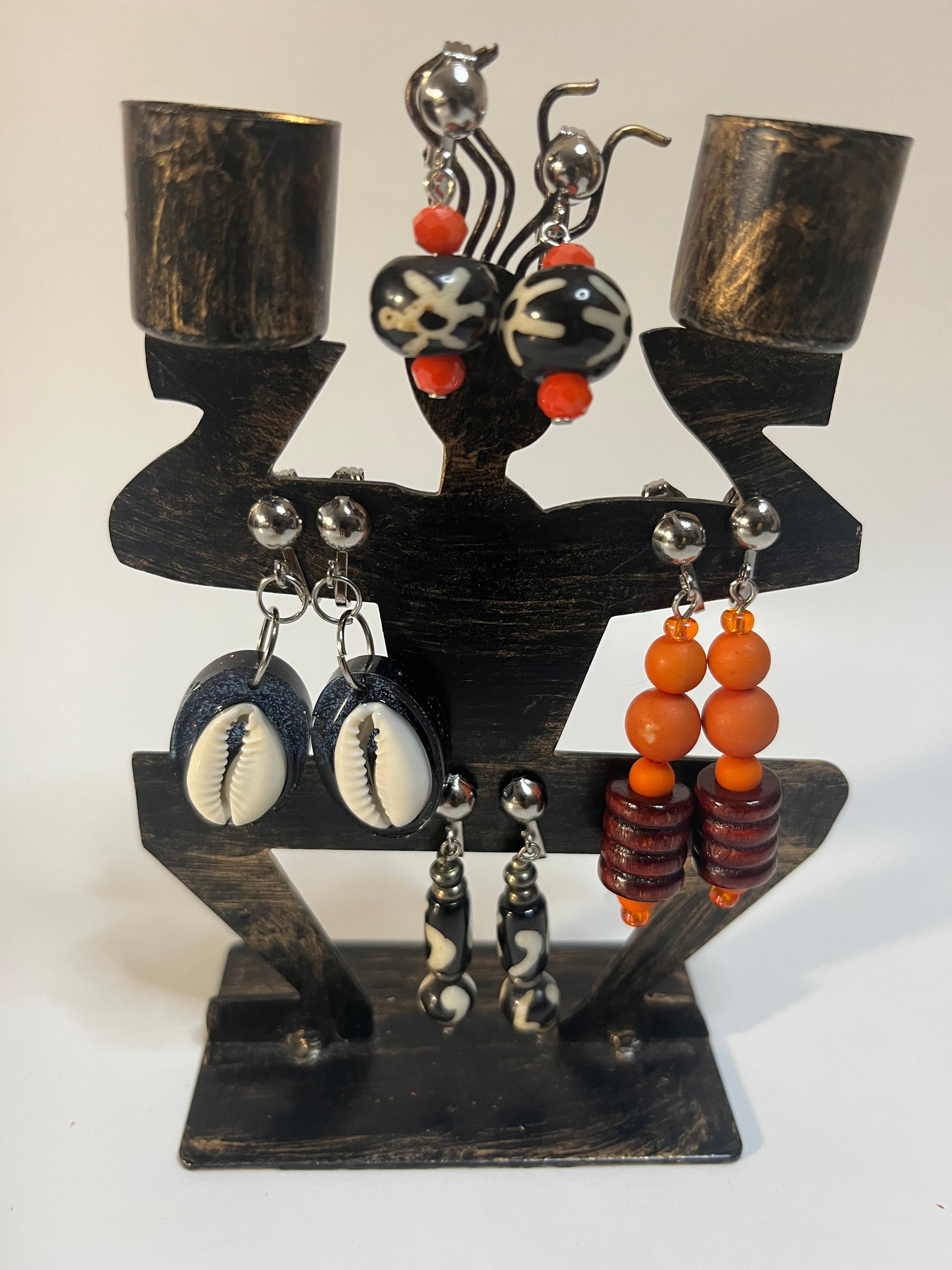 Cowrie Shells, Bone, Resin Clip On Earrings 4 Pair Dangles 1"- 1.5" USA Made G10