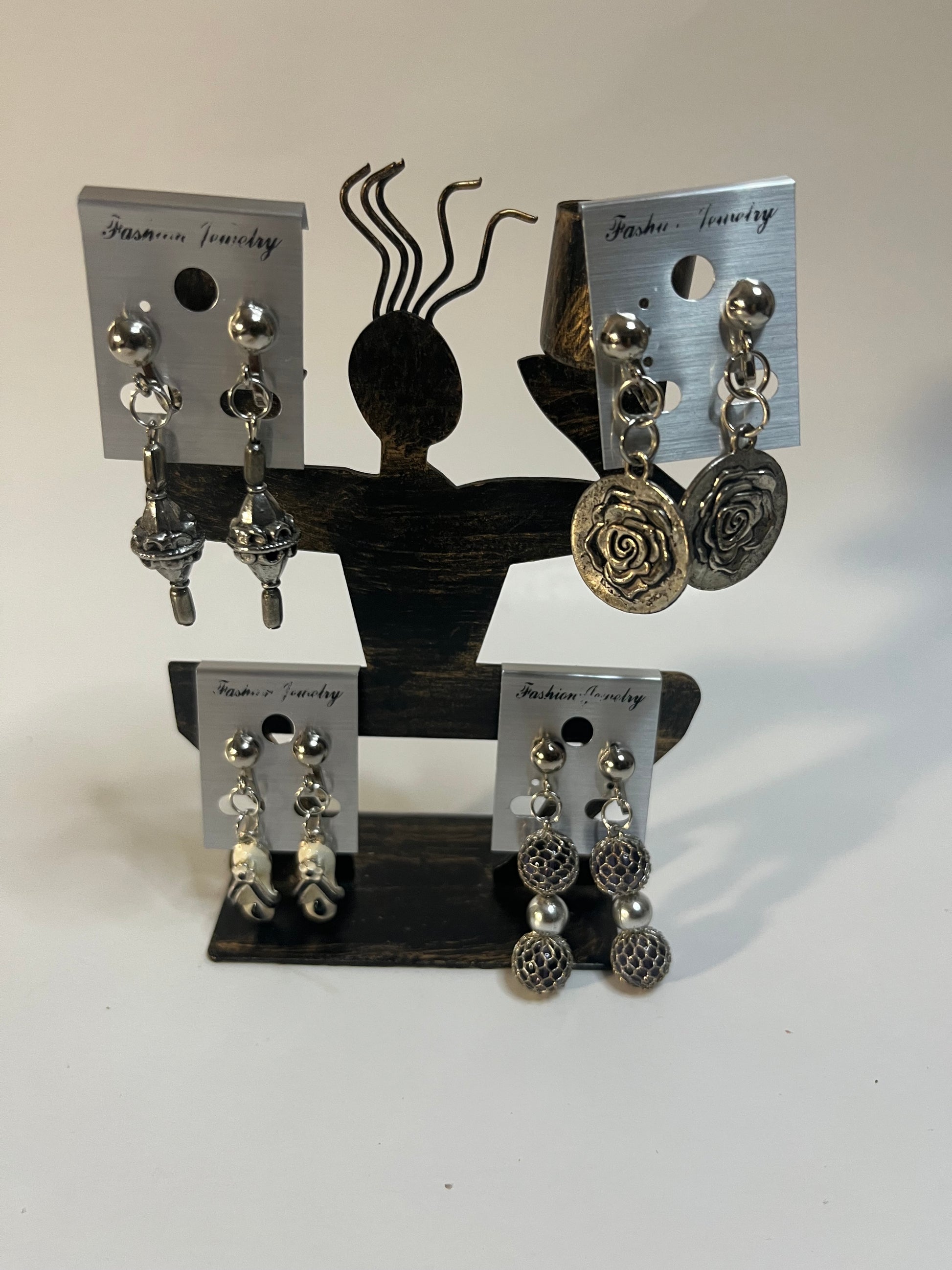 Metal Clip On Earrings 4 Pair Dangles 1" Silvertone Boho Hippie USA Made G11