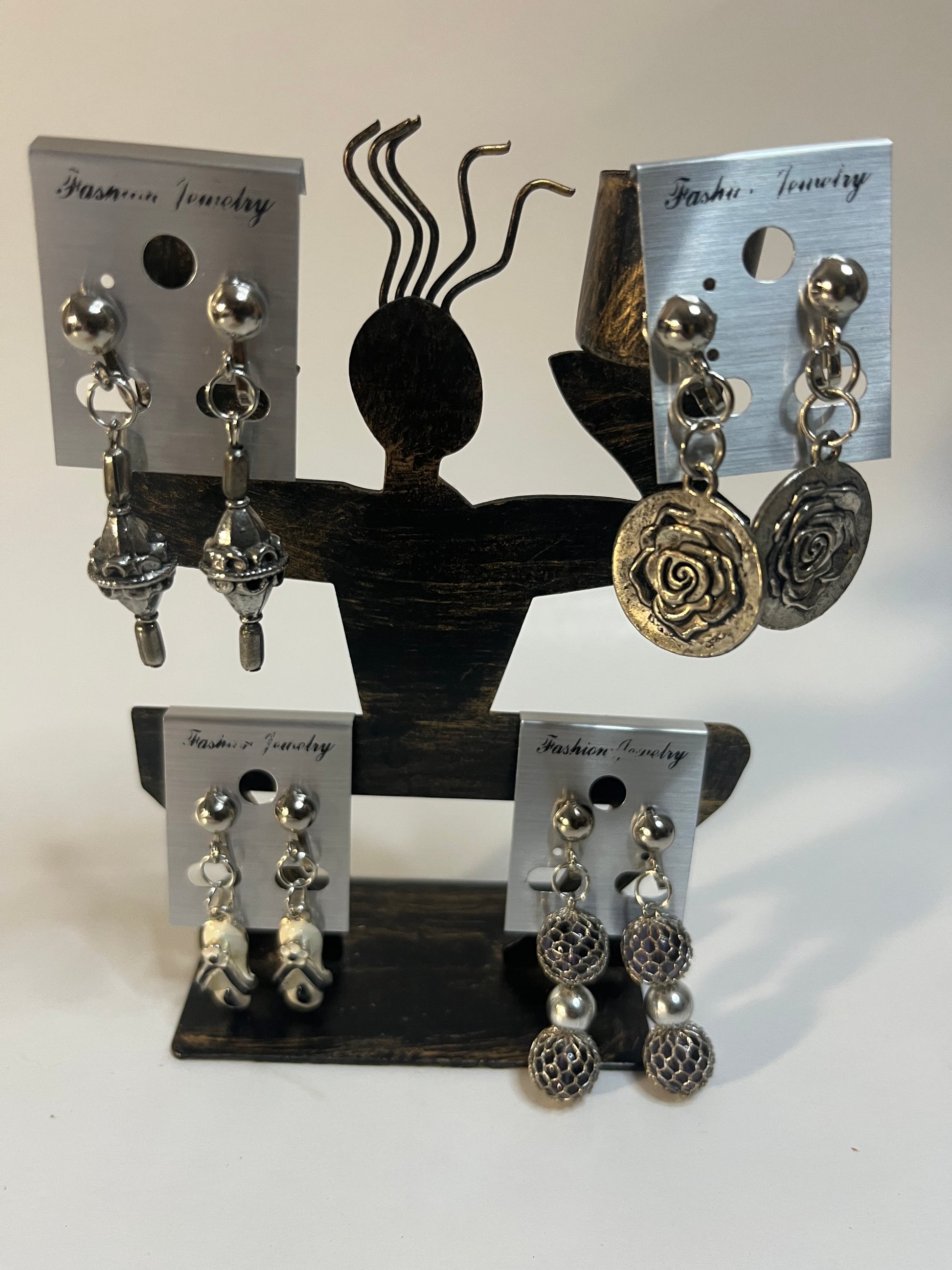 Metal Clip On Earrings 4 Pair Dangles 1" Silvertone Boho Hippie USA Made G11