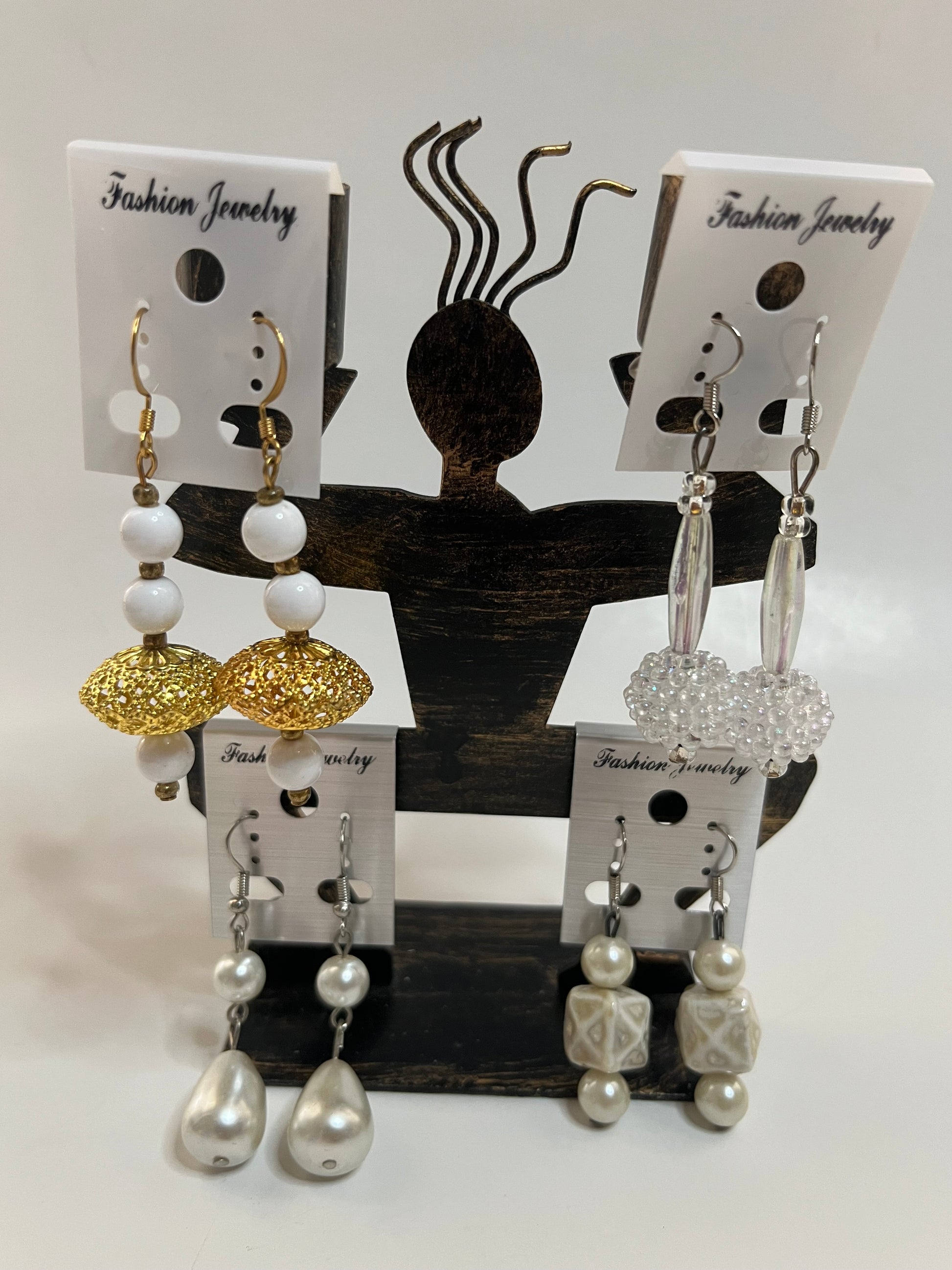 White Clip On Earrings 4 Pair Dangles 1" -2" Classics USA Made H1