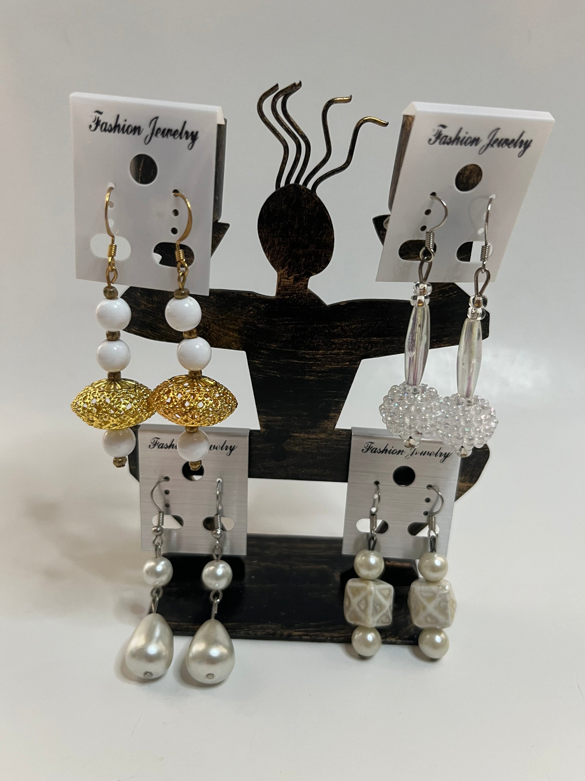 White Clip On Earrings 4 Pair Dangles 1" -2" Classics USA Made H1