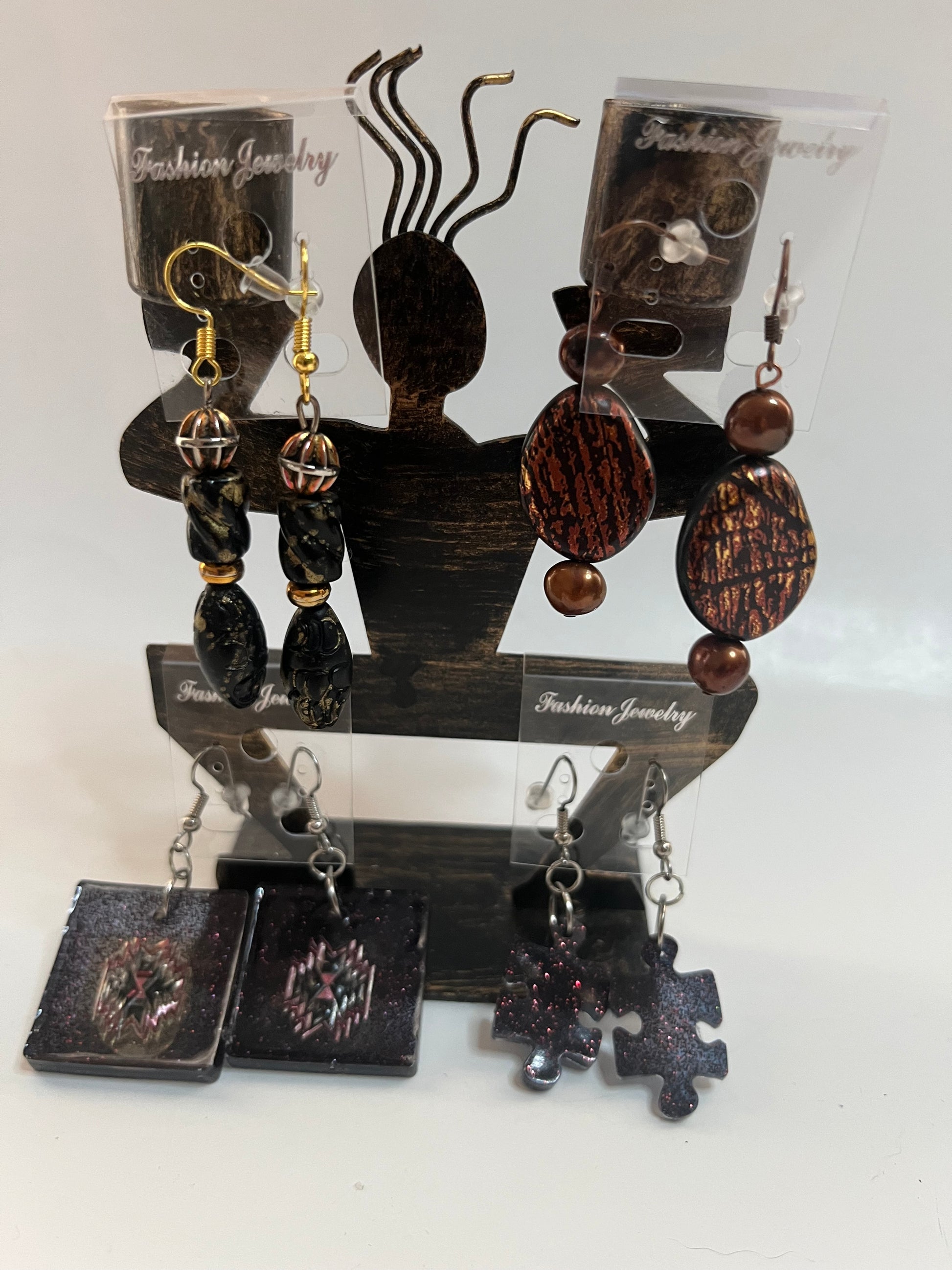 Rust Black Resin Metal Pierced Earrings 4 Pair Dangles 1" -2" Classics USA Made H5