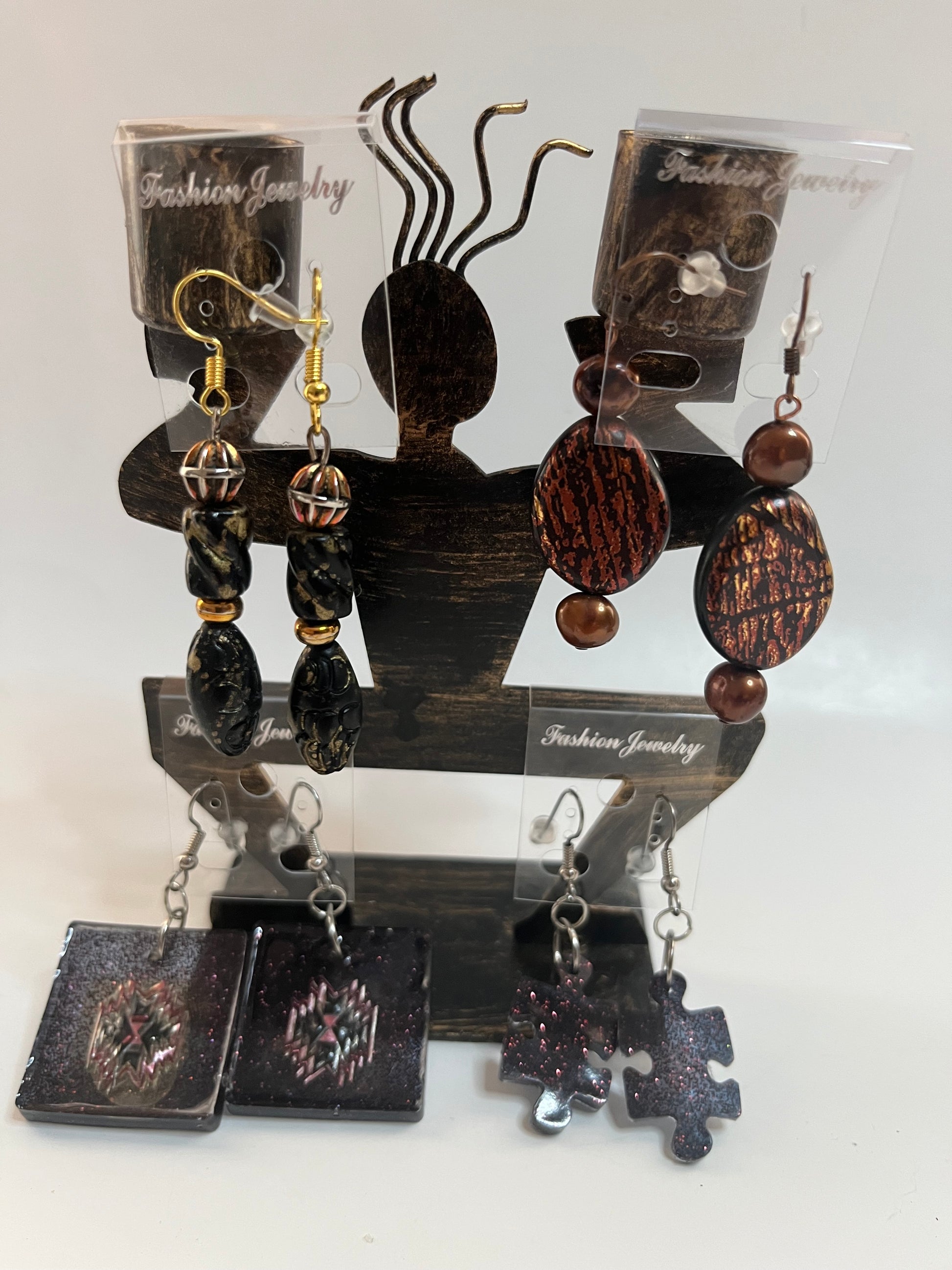 Rust Black Resin Metal Pierced Earrings 4 Pair Dangles 1" -2" Classics USA Made H5