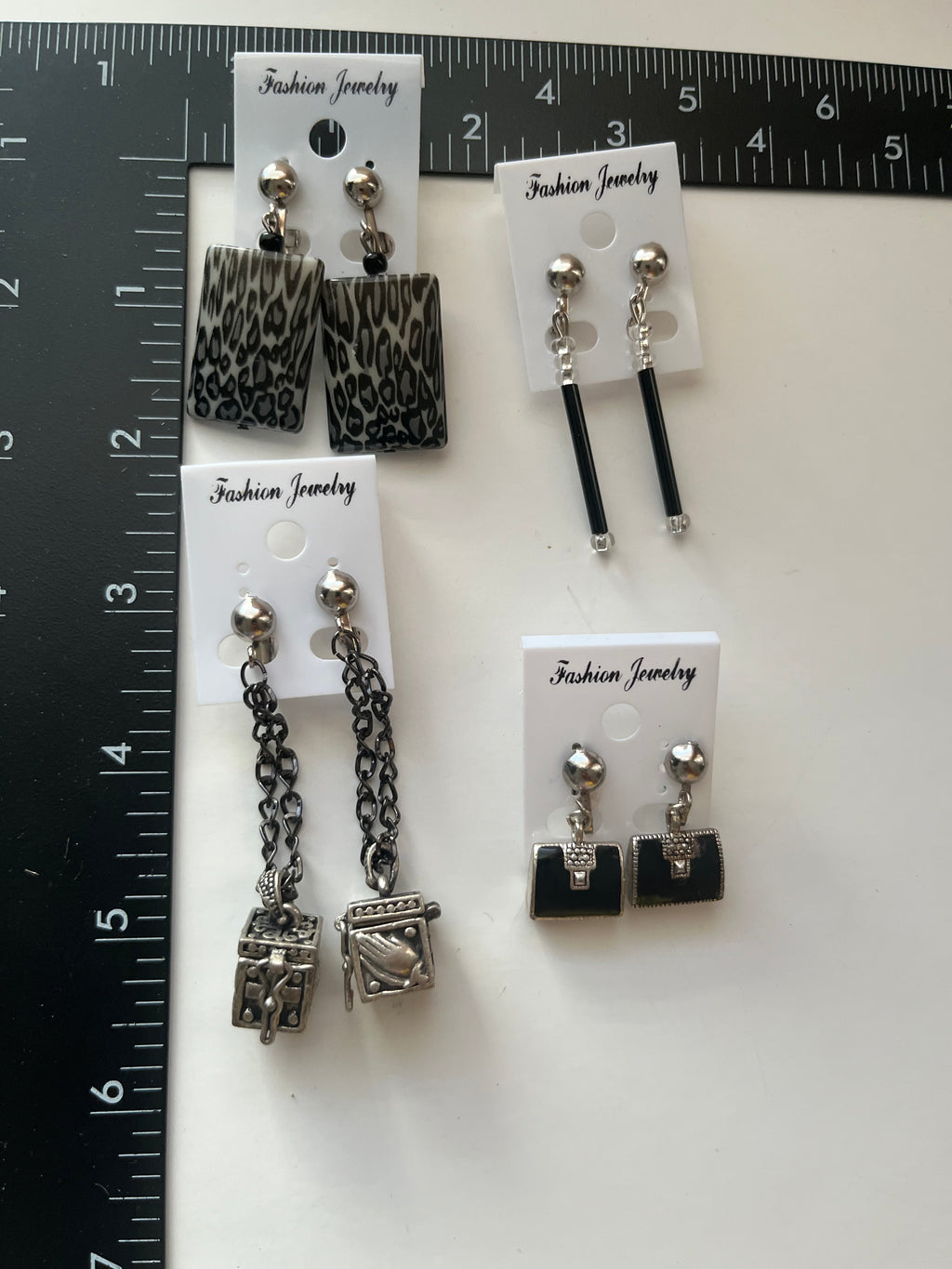 Silvertone Black Metal Resin Clip On Earrings 4 Pair Dangles 1"-2" USA Made J8