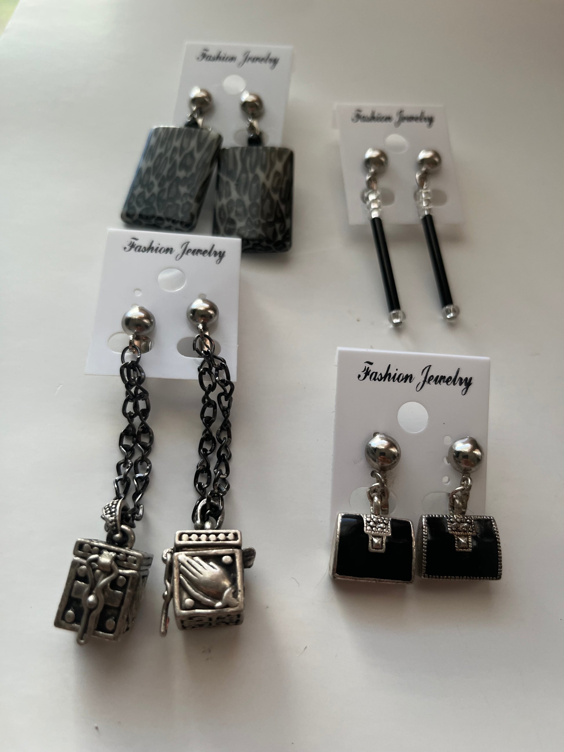 Silvertone Black Metal Resin Clip On Earrings 4 Pair Dangles 1"-2" USA Made J8