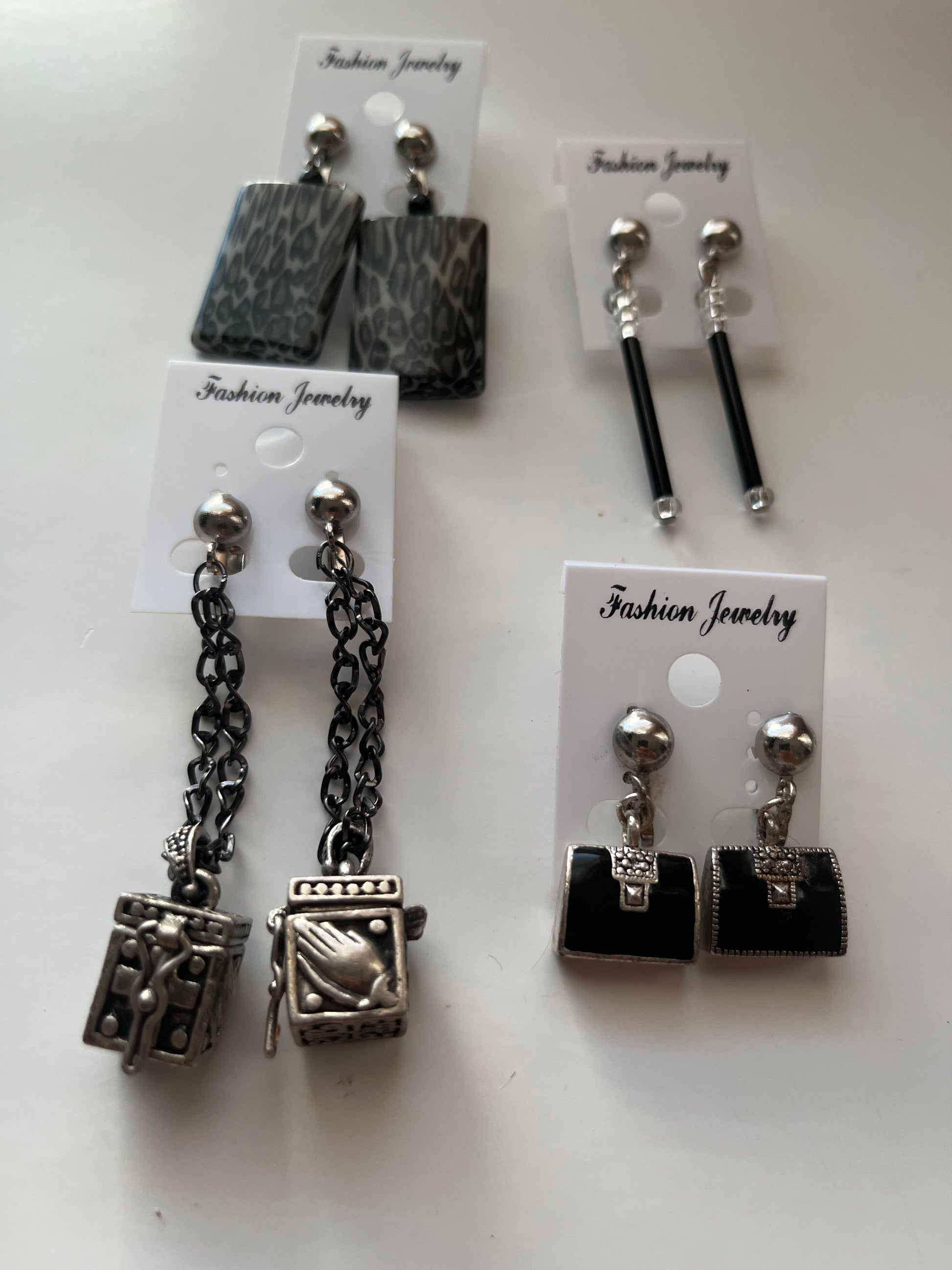 Silvertone Black Metal Resin Clip On Earrings 4 Pair Dangles 1"-2" USA Made J8