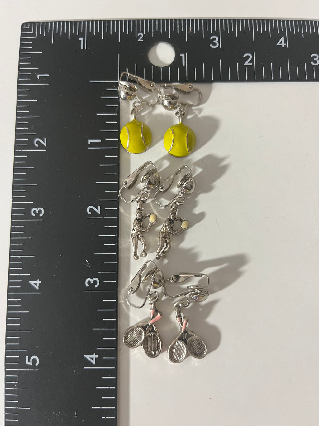 Tennis Sports Metal Clip On Earrings 3 Pair Dangles 1"USA Made J13