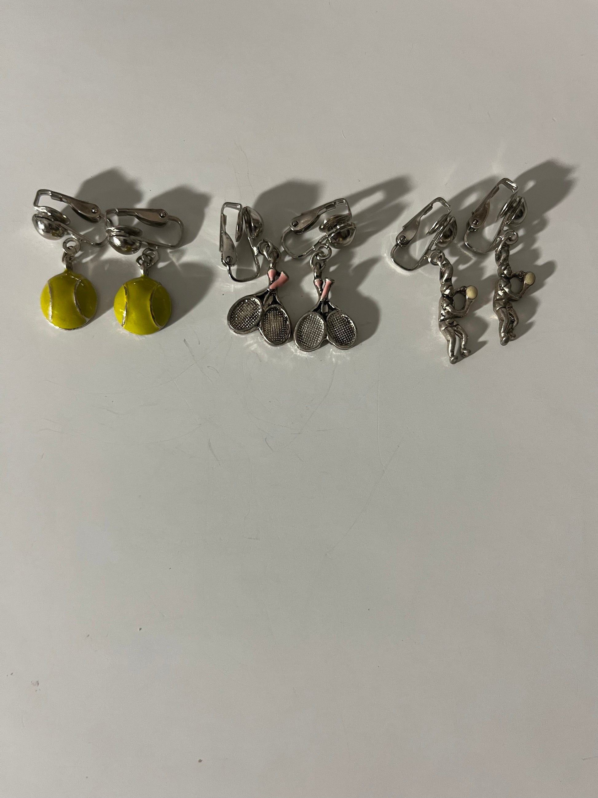 Tennis Sports Metal Clip On Earrings 3 Pair Dangles 1"USA Made J13