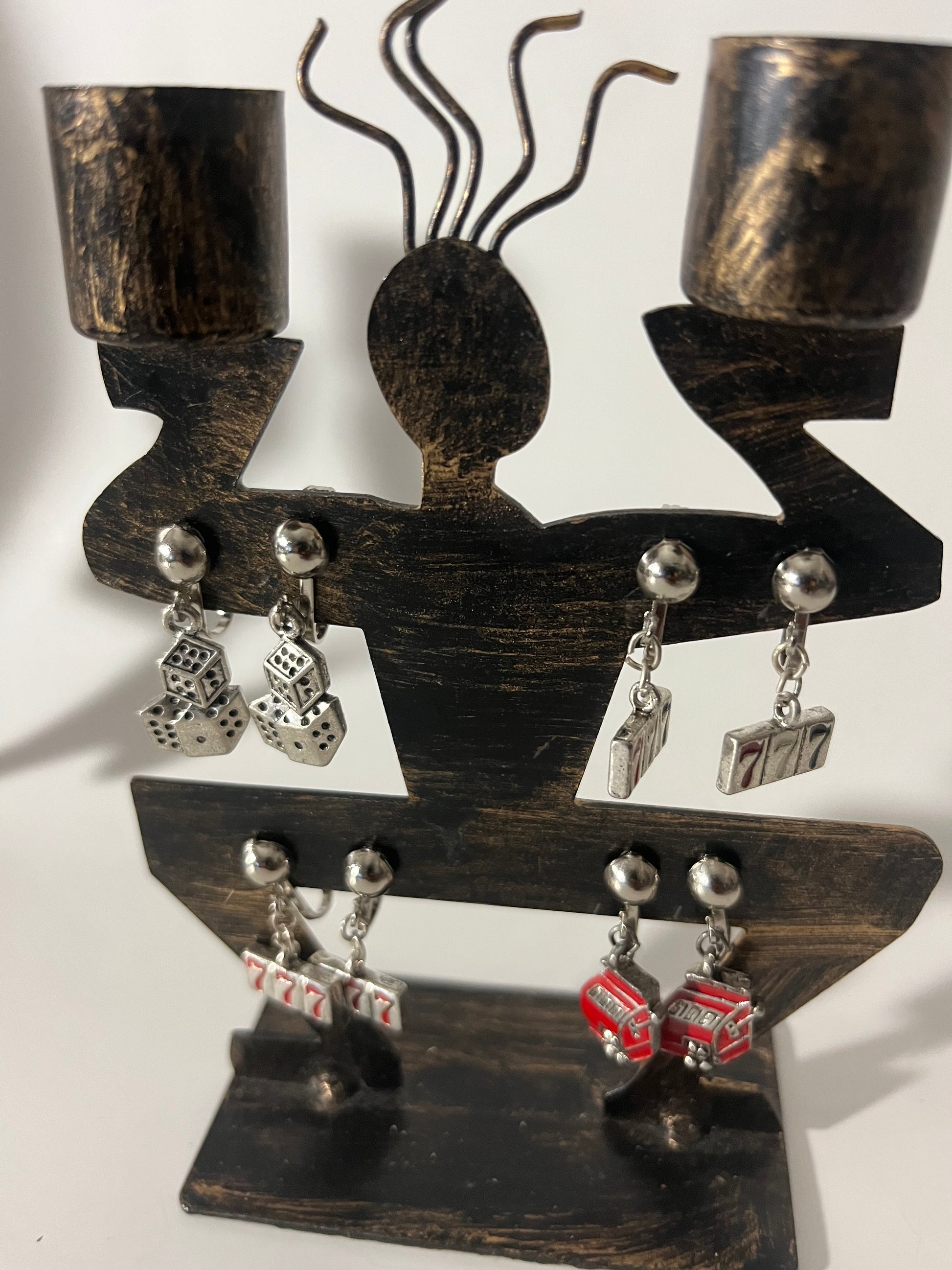 Casino Slot Bridge Cards Lucky 7 Metal Clip On Earrings 4 Pair Dangles 1"USA Made J12