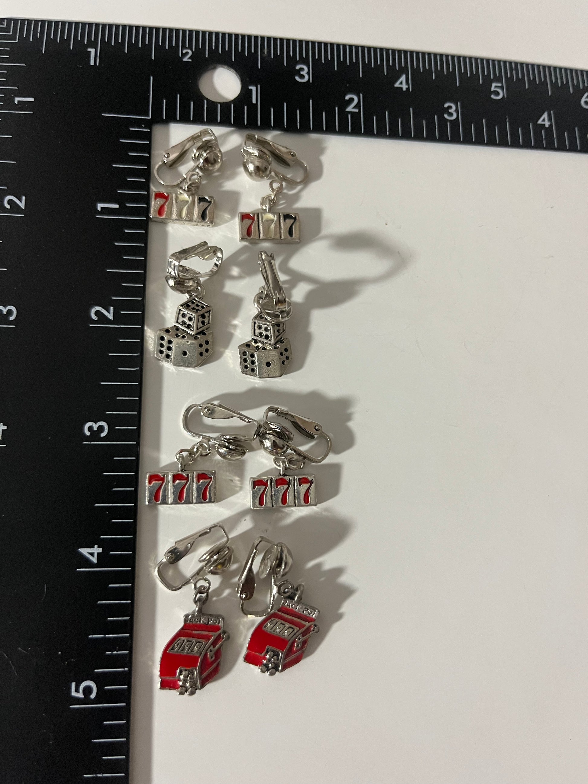 Casino Slot Bridge Cards Lucky 7 Metal Clip On Earrings 4 Pair Dangles 1"USA Made J12