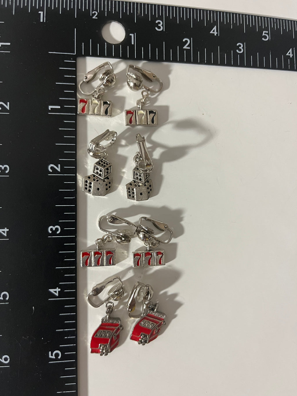 Casino Slot Bridge Cards Lucky 7 Metal Clip On Earrings 4 Pair Dangles 1"USA Made J12
