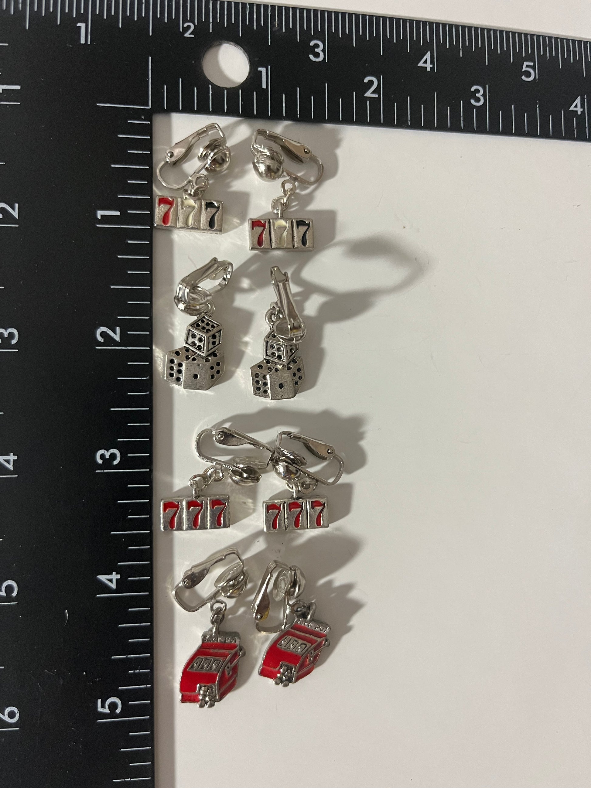 Casino Slot Bridge Cards Lucky 7 Metal Clip On Earrings 4 Pair Dangles 1"USA Made J12