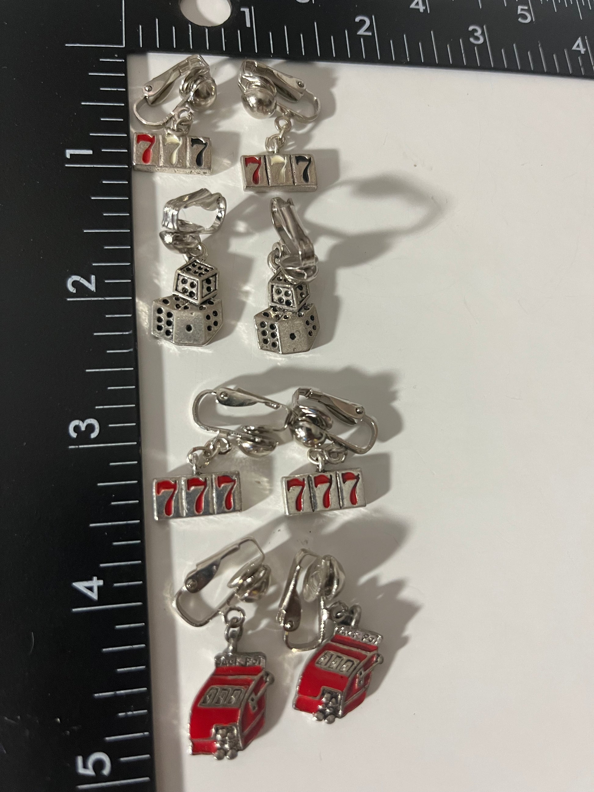 Casino Slot Bridge Cards Lucky 7 Metal Clip On Earrings 4 Pair Dangles 1"USA Made J11