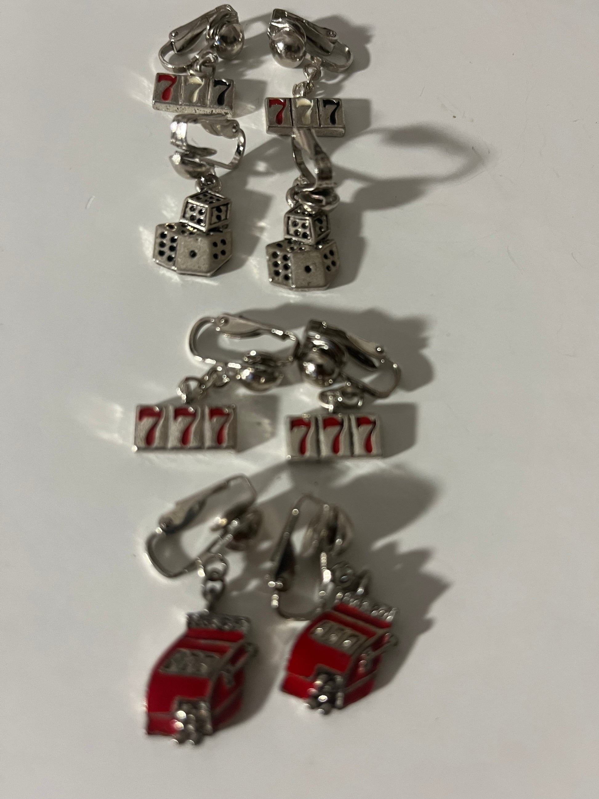 Casino Slot Bridge Cards Lucky 7 Metal Clip On Earrings 4 Pair Dangles 1"USA Made J12