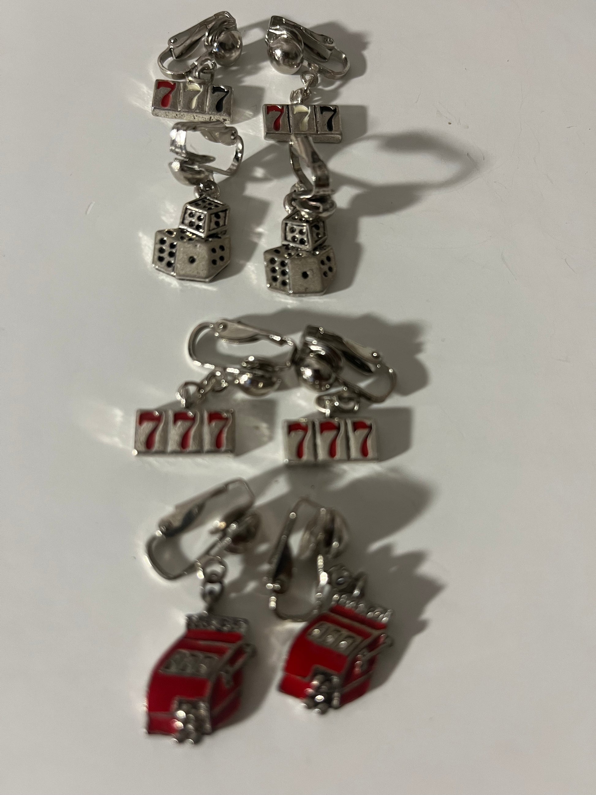 Casino Slot Bridge Cards Lucky 7 Metal Clip On Earrings 4 Pair Dangles 1"USA Made J12