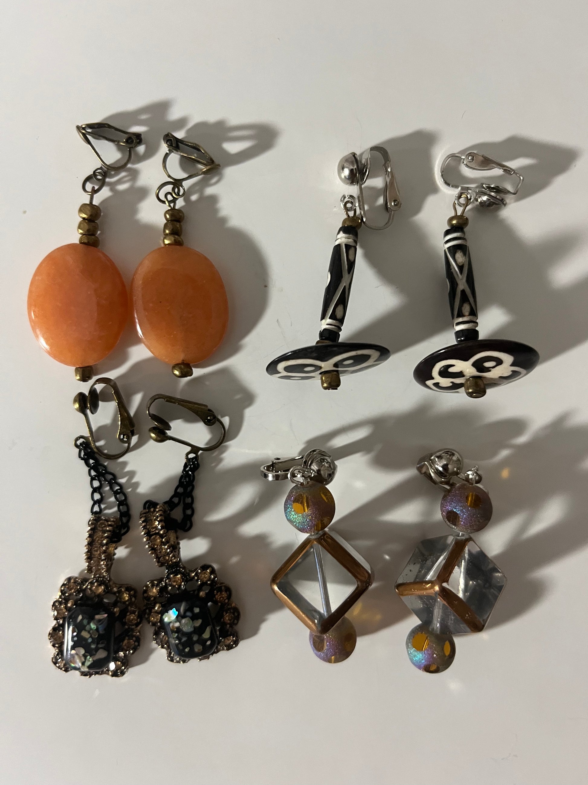 Aventurine Bone Resin Clip On Earrings 4 Pair Dangles 2" USA Made J14