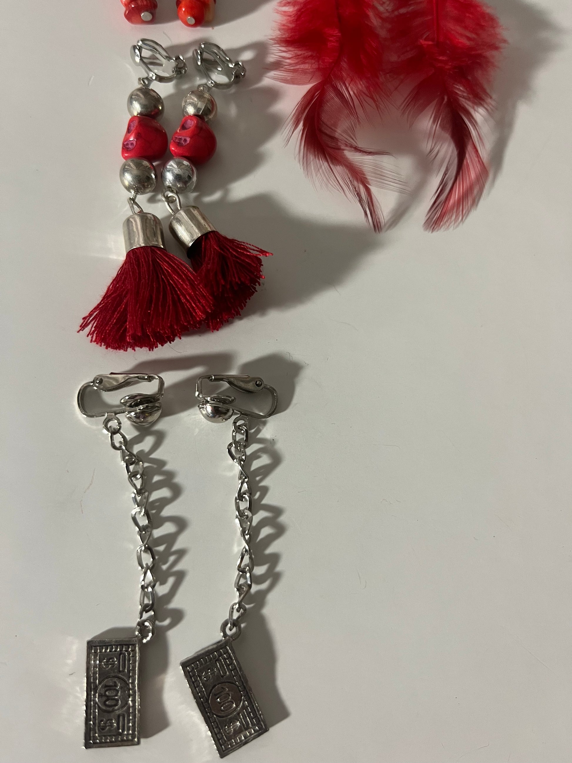 Red Skulls Money Resin Clip On Earrings 4 Pair Dangles 2" USA Made J15