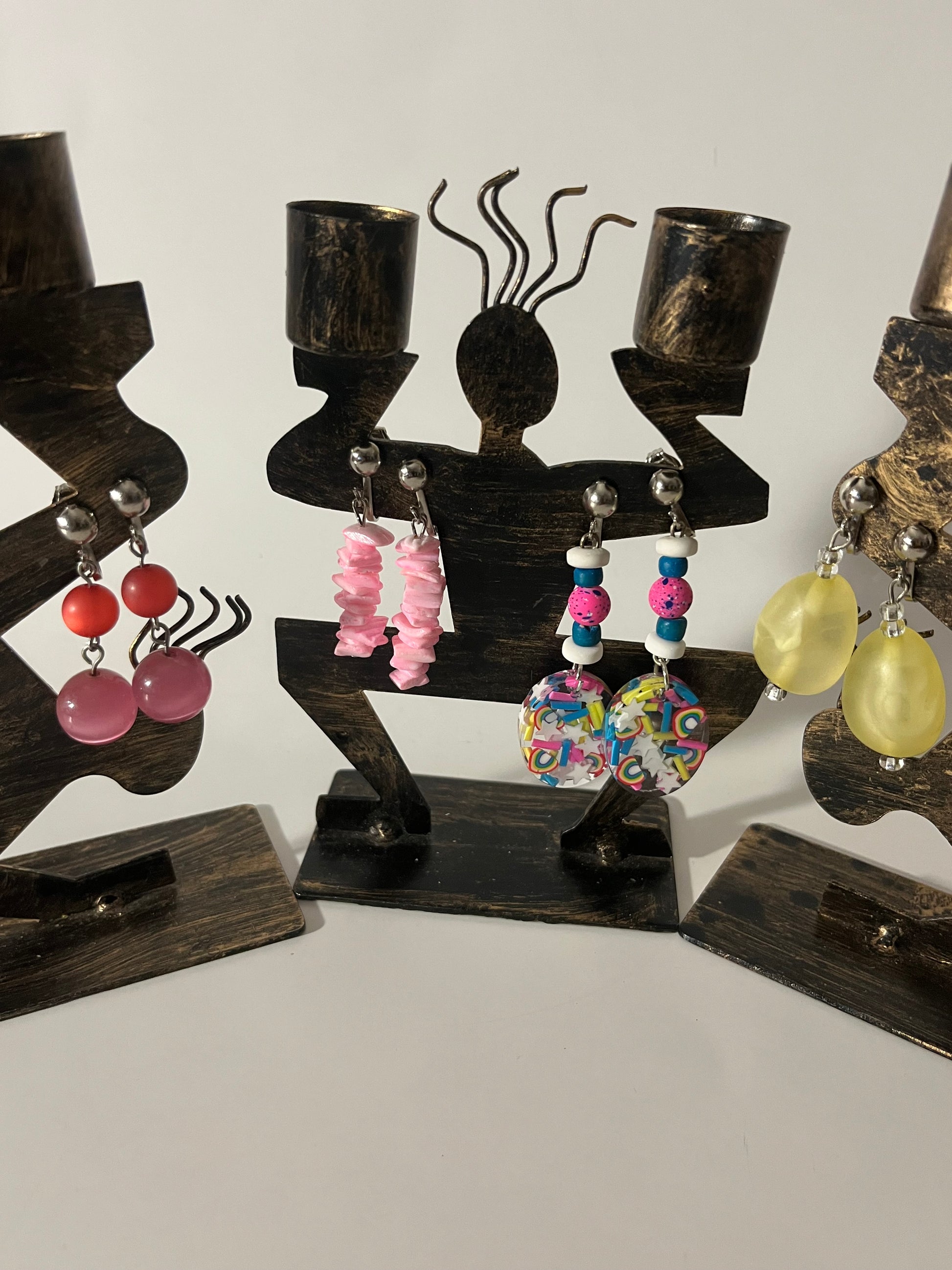 Bright Colorful Resin Clip On Earrings 4 Pair Dangles 2" USA Made J16