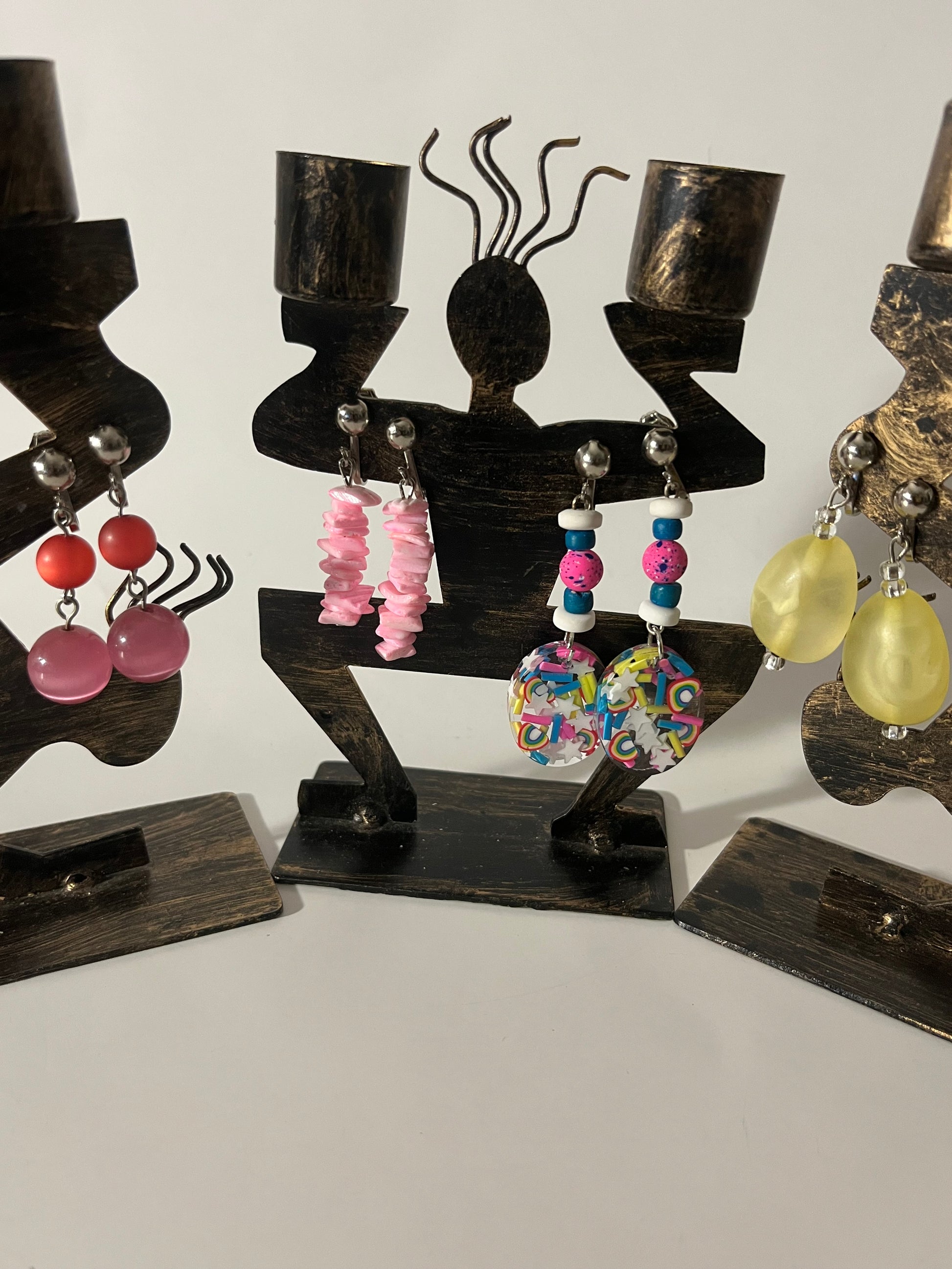Bright Colorful Resin Clip On Earrings 4 Pair Dangles 2" USA Made J16