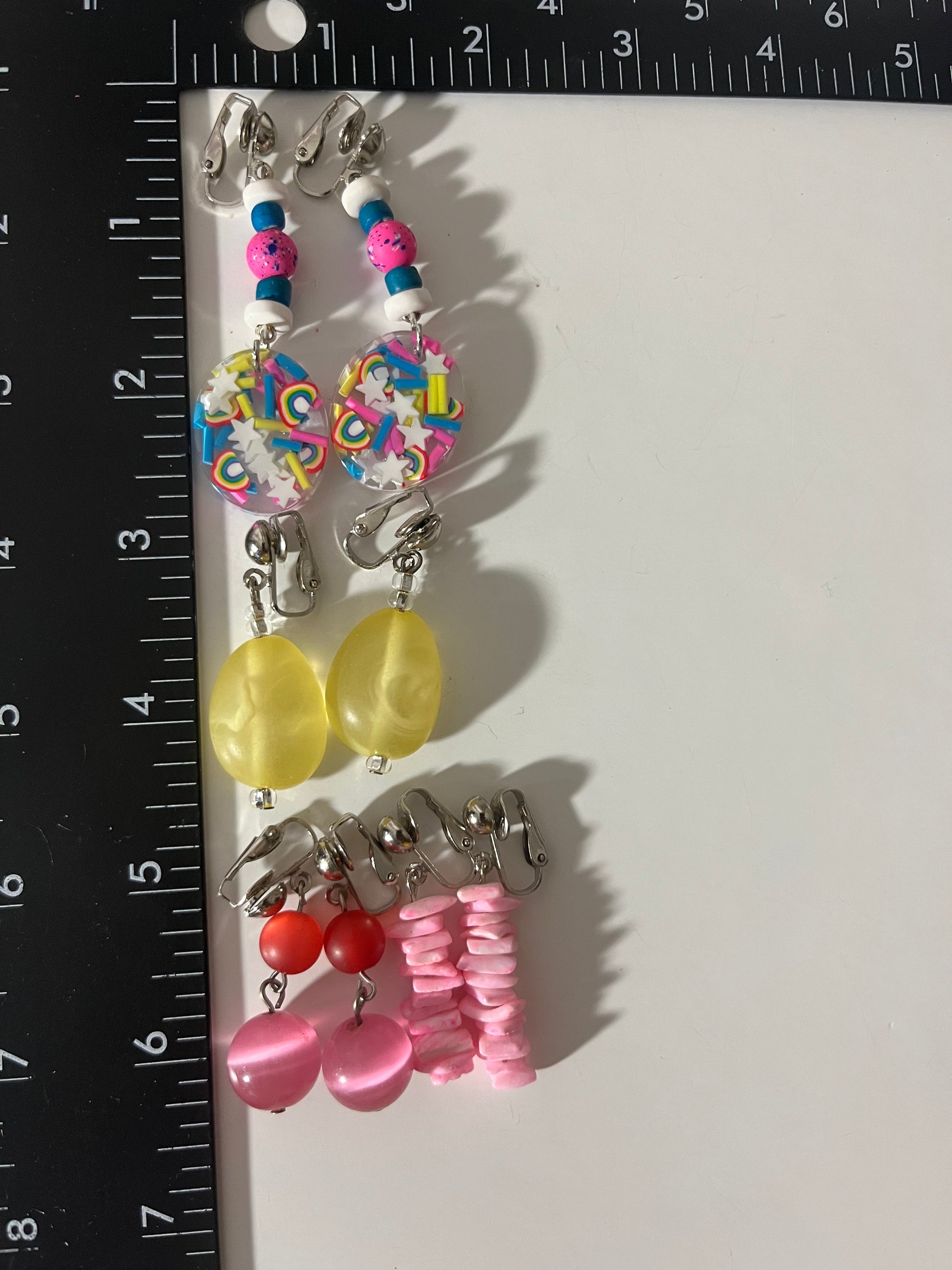 Bright Colorful Resin Clip On Earrings 4 Pair Dangles 2" USA Made J16