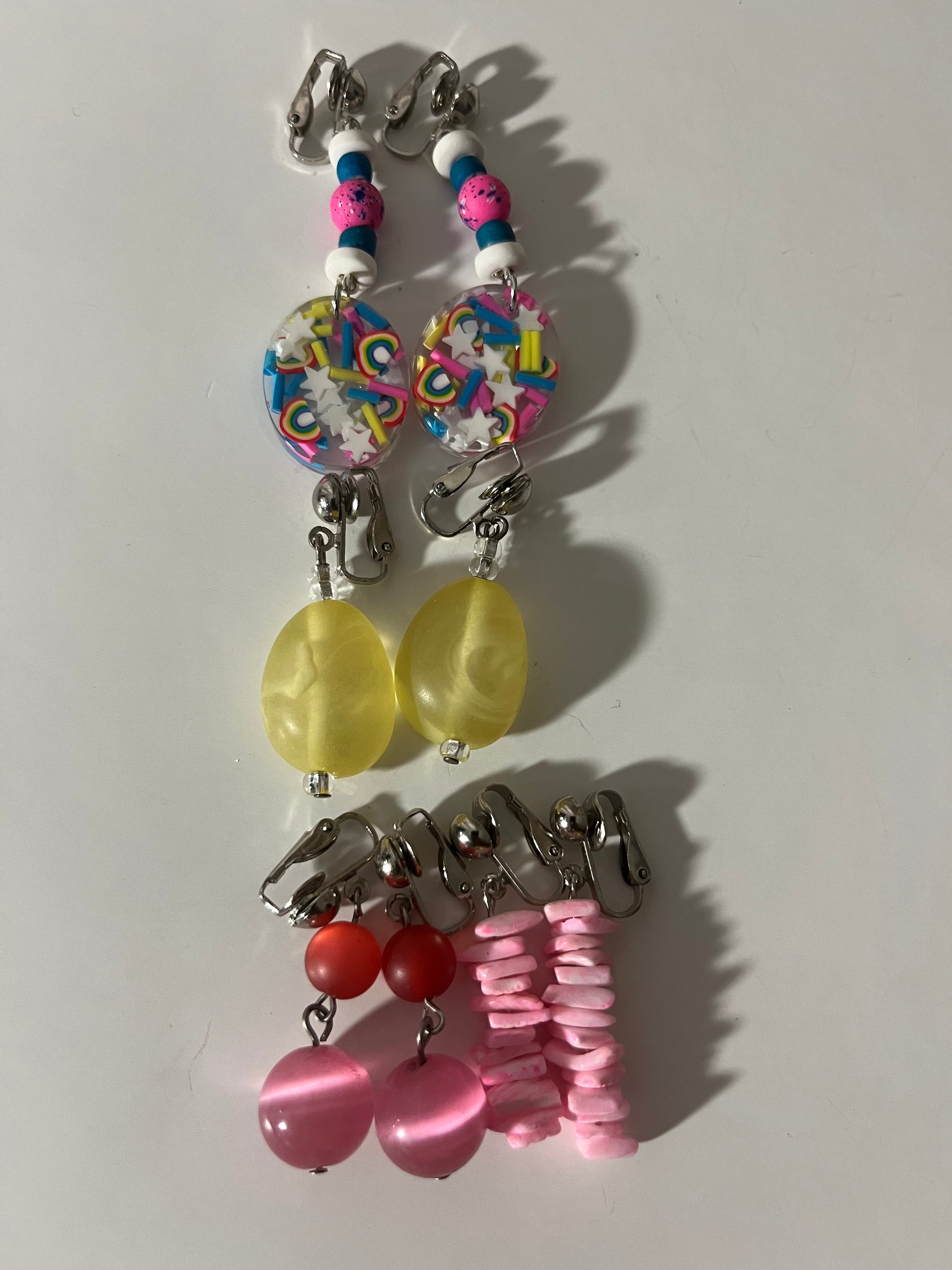 Bright Colorful Resin Clip On Earrings 4 Pair Dangles 2" USA Made J16