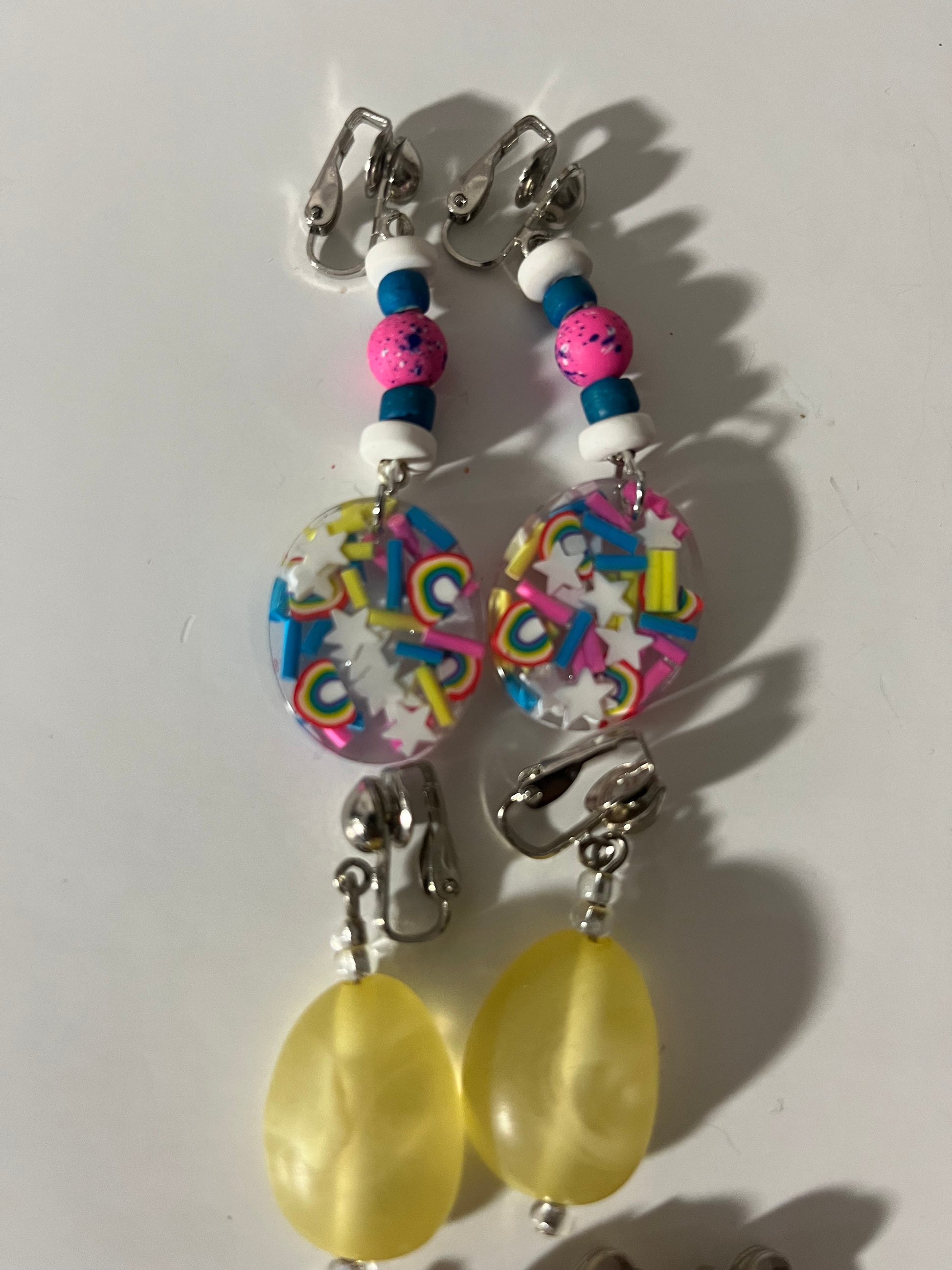 Bright Colorful Resin Clip On Earrings 4 Pair Dangles 2" USA Made J16