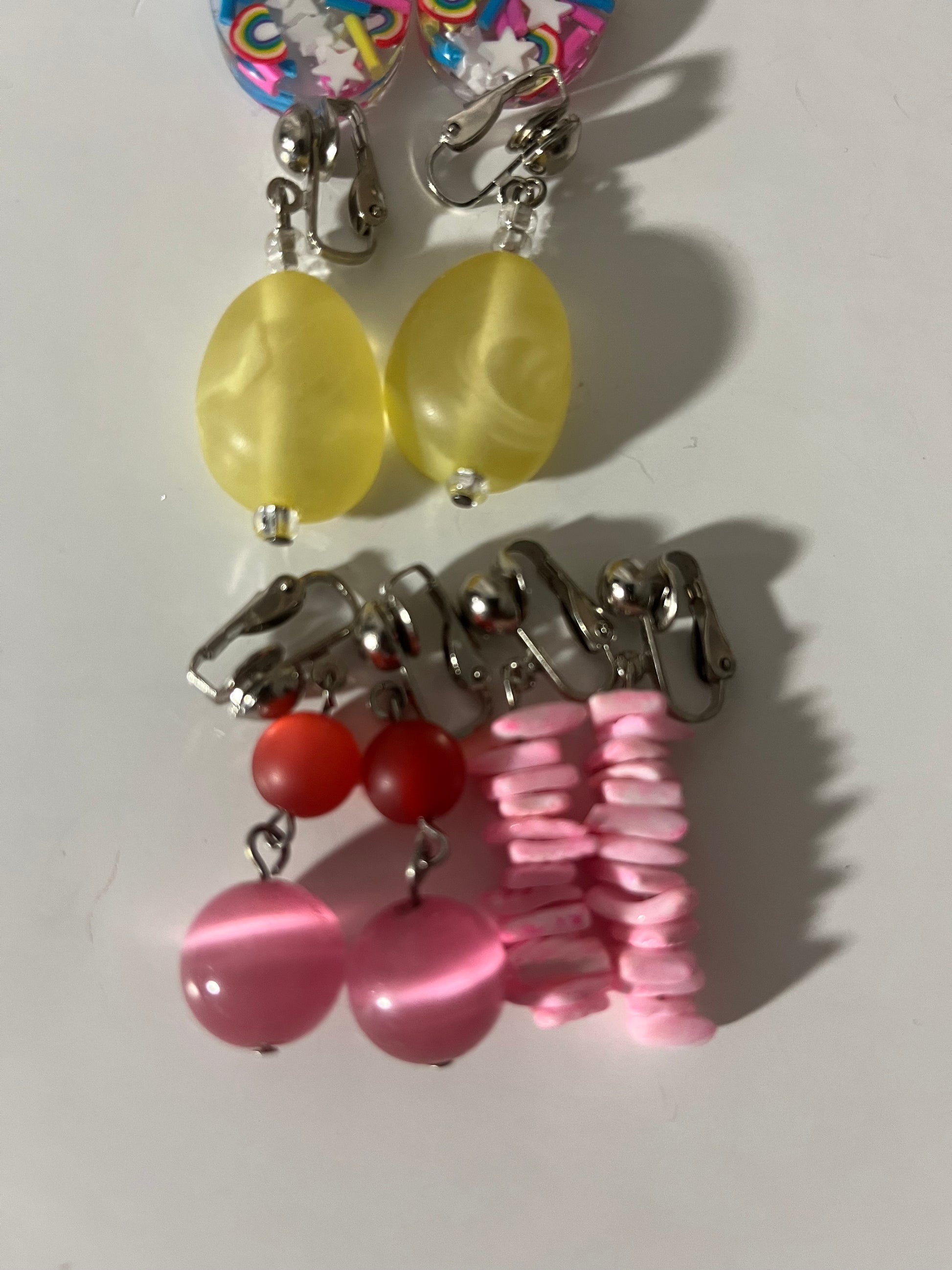 Bright Colorful Resin Clip On Earrings 4 Pair Dangles 2" USA Made J16