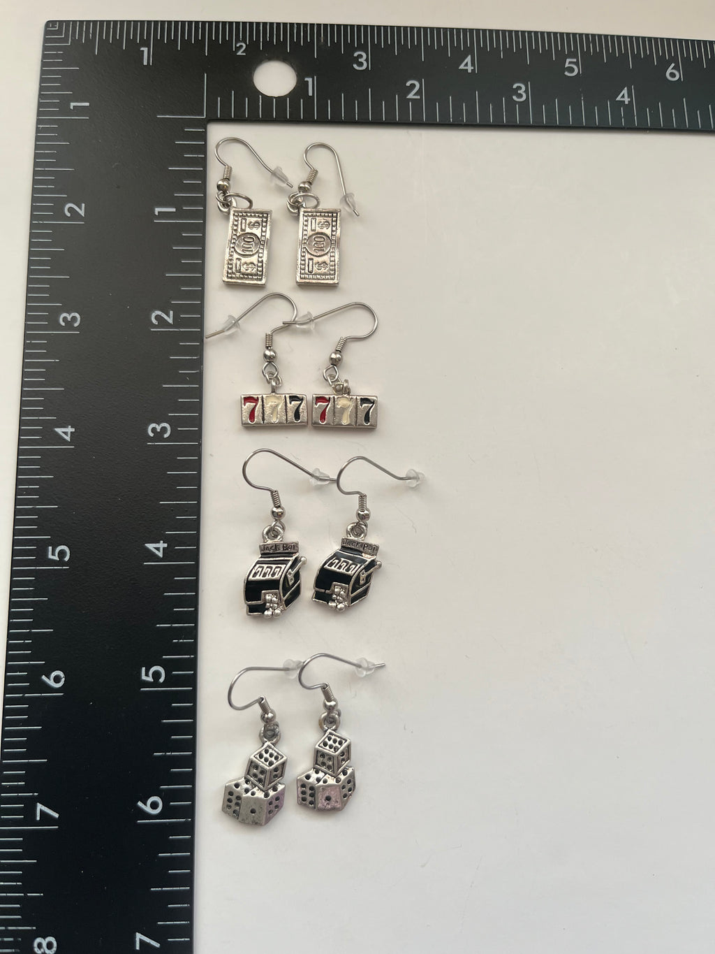 Casino Slot Lucky 7 Metal Pierced Earrings 4 Pair Dangles 1" USA Made K11