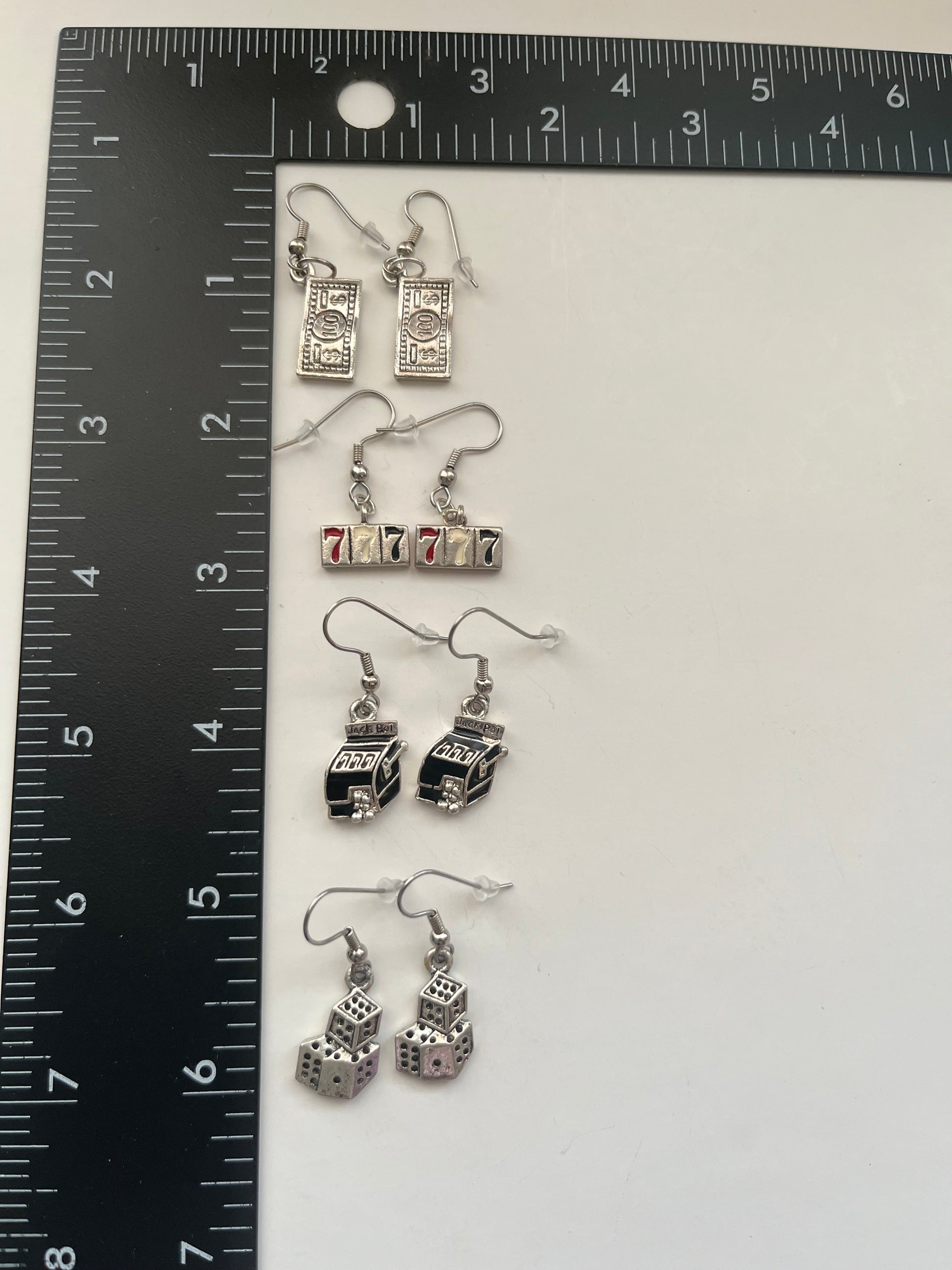 Casino Slot Lucky 7 Metal Pierced Earrings 4 Pair Dangles 1" USA Made K11