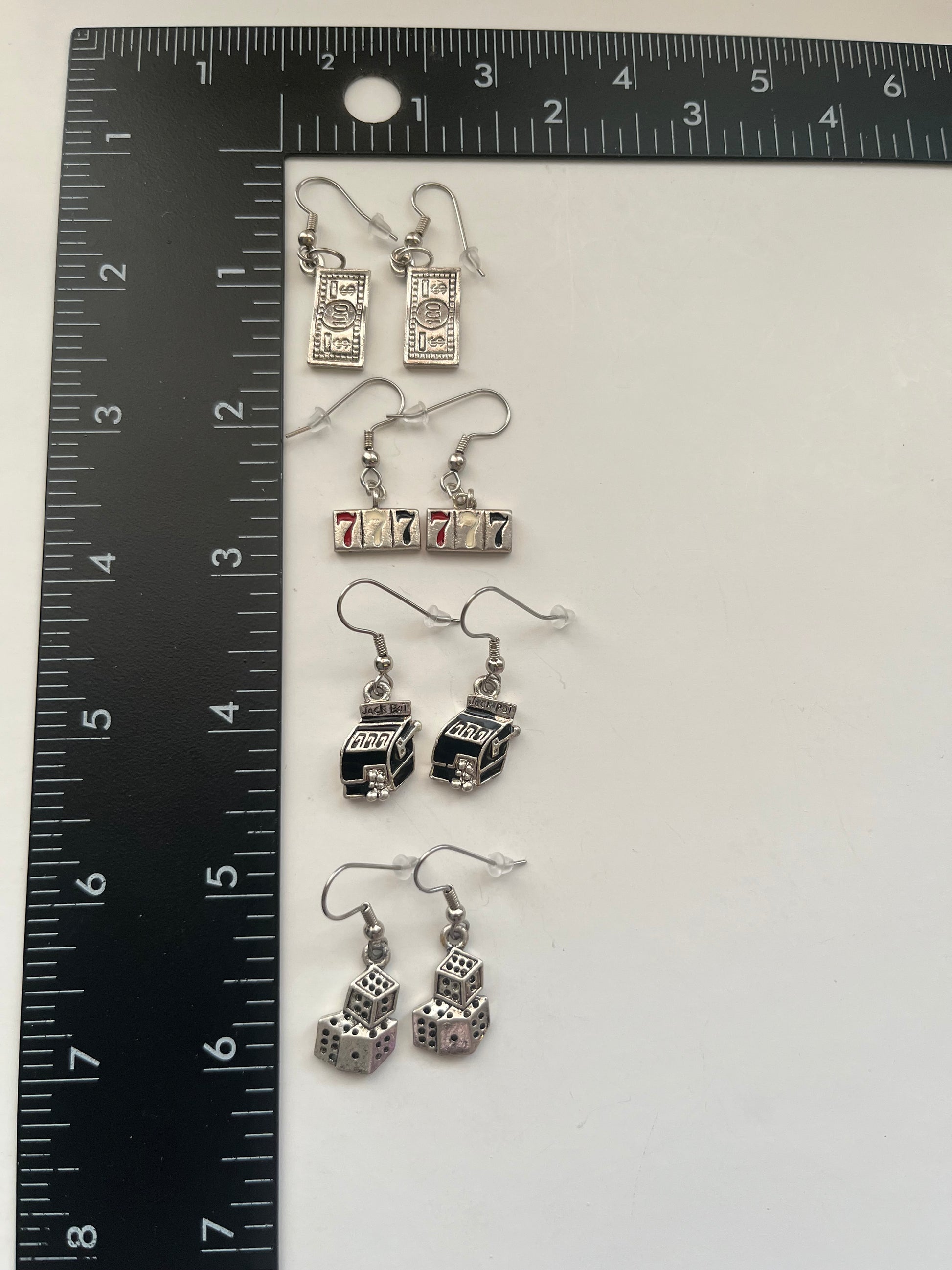 Casino Slot Lucky 7 Metal Pierced Earrings 4 Pair Dangles 1" USA Made K11