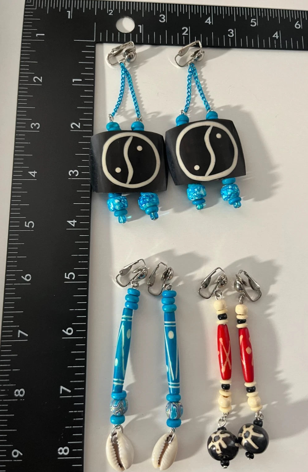 African Bone Cowrie Clip On Earrings 3 Pair Dangles 2-3" Boho Hippie USA Made E3