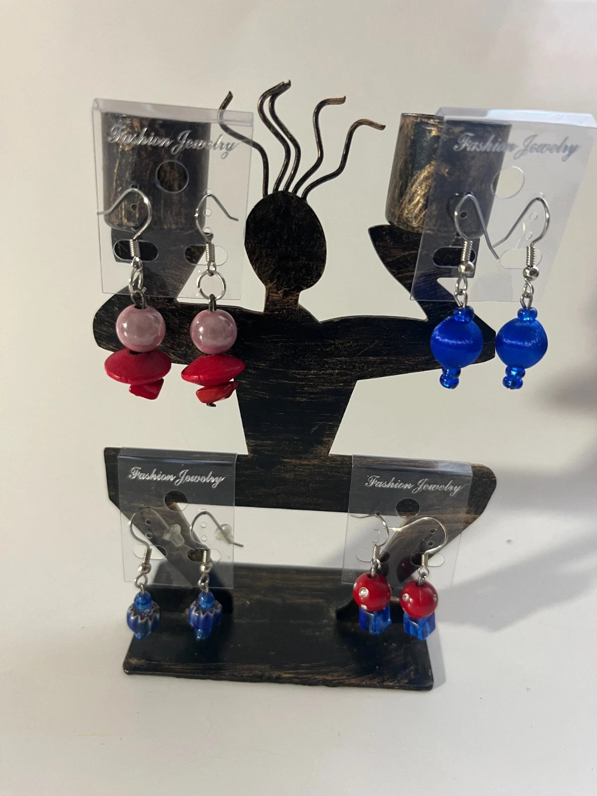Resin Pierced Earrings 4 Pair One Dangle Red Blue Pink 1" USA Made L3