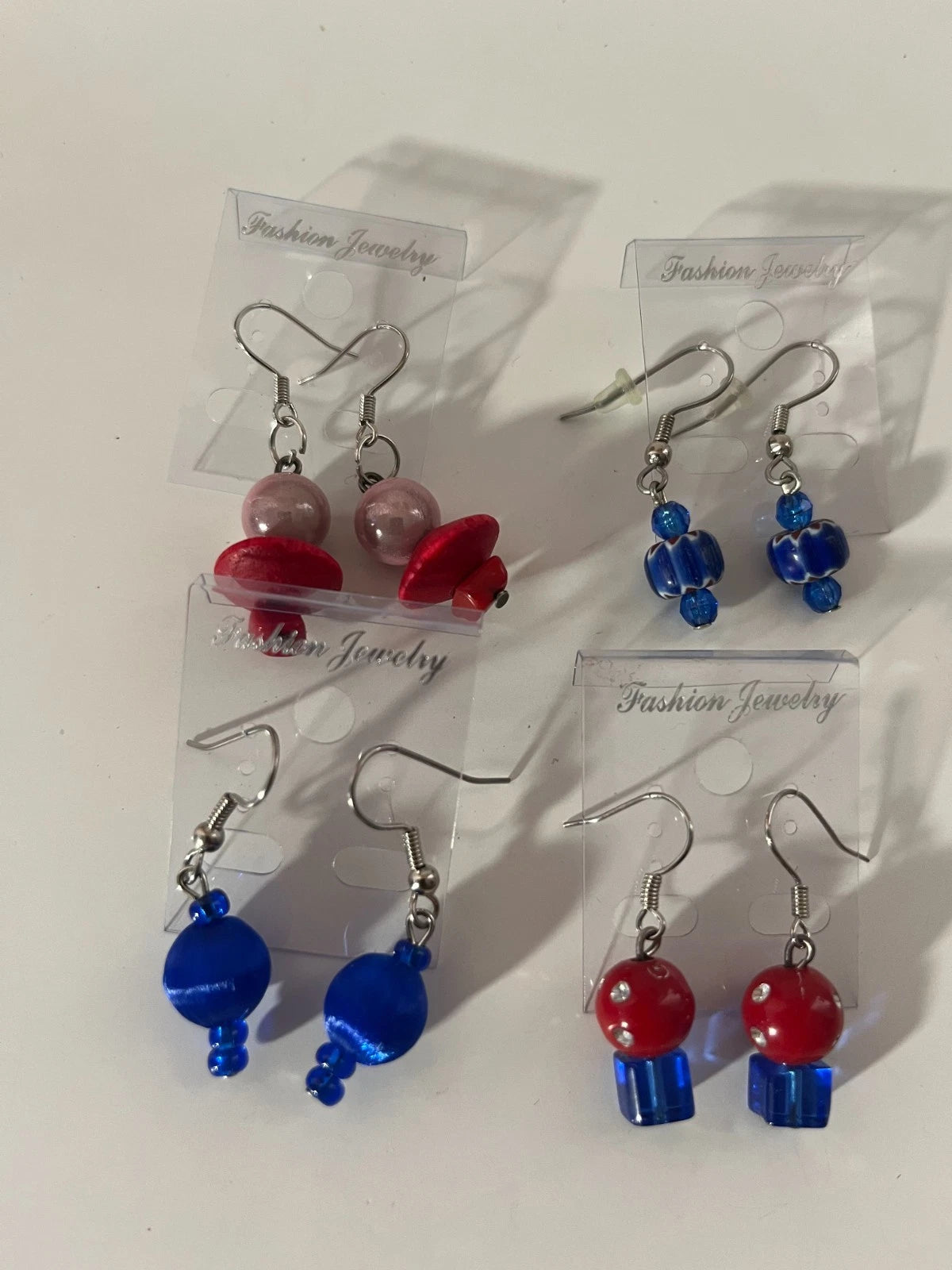 Resin Pierced Earrings 4 Pair One Dangle Red Blue Pink 1" USA Made L3
