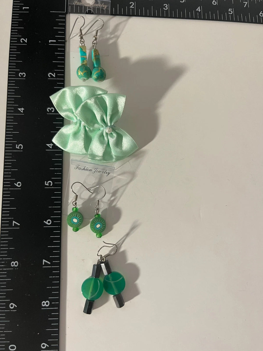 Resin Hematite Fabric Pierced Earrings 4 Pair Green 1" USA Made L6