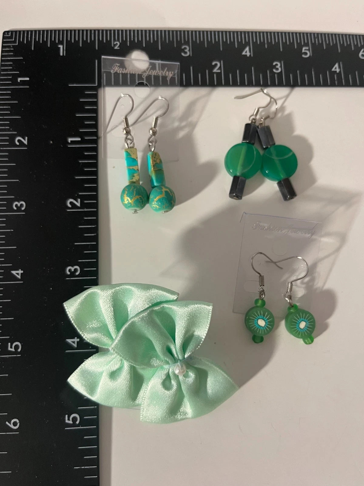 Resin Hematite Fabric Pierced Earrings 4 Pair Green 1" USA Made L6