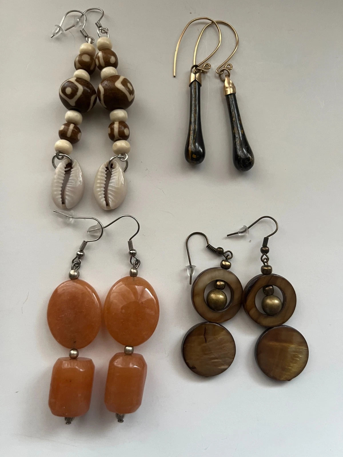 Pearl Cowrie Shell Tiger Eye Aventurine Pierced Earrings 4 Pair Dangle 3" USA Made K4