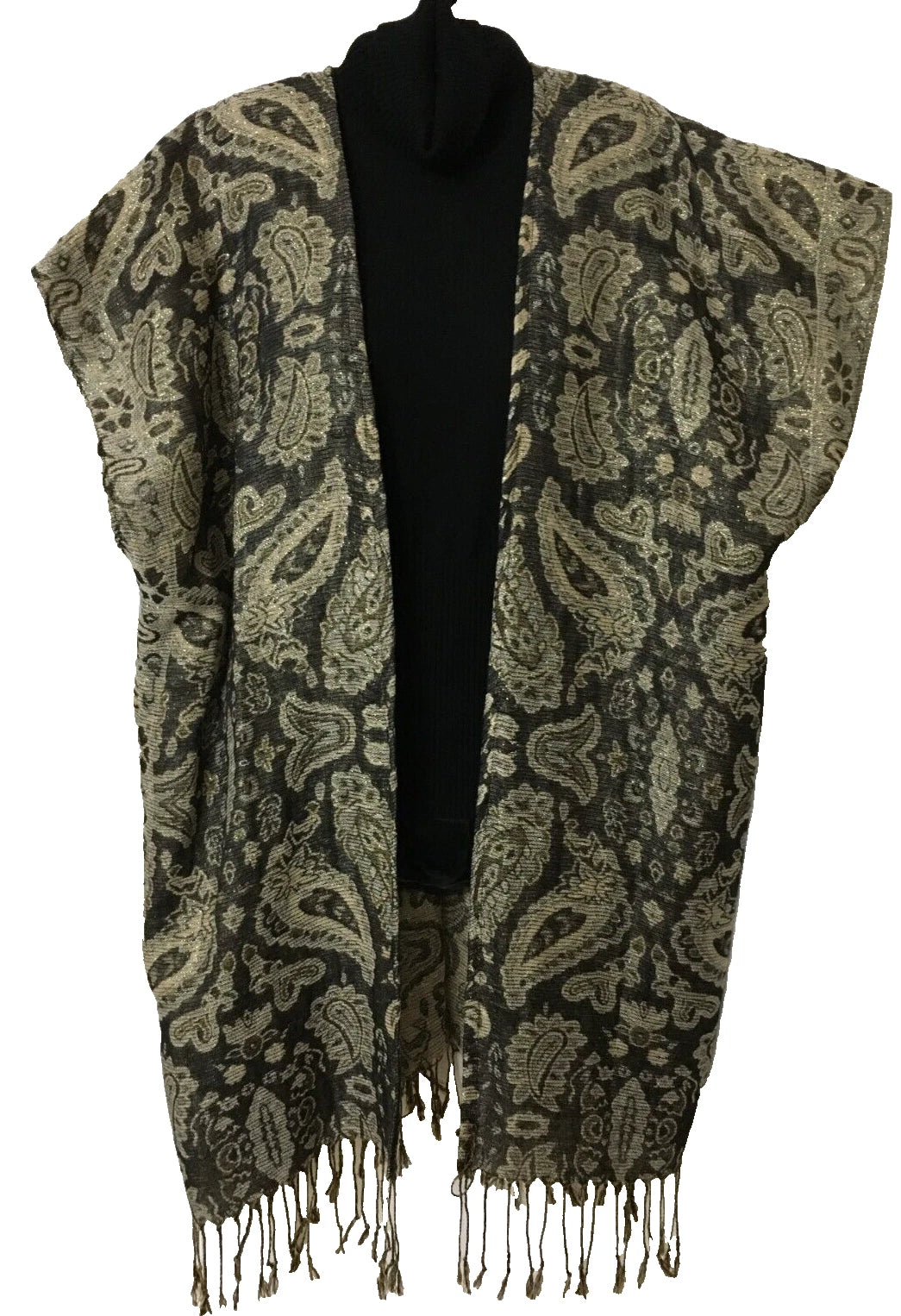 Holiday Kimono Tunic Shawl Cover Up Lg/XL 54WX35L"Black Gray Gold Metallic A11