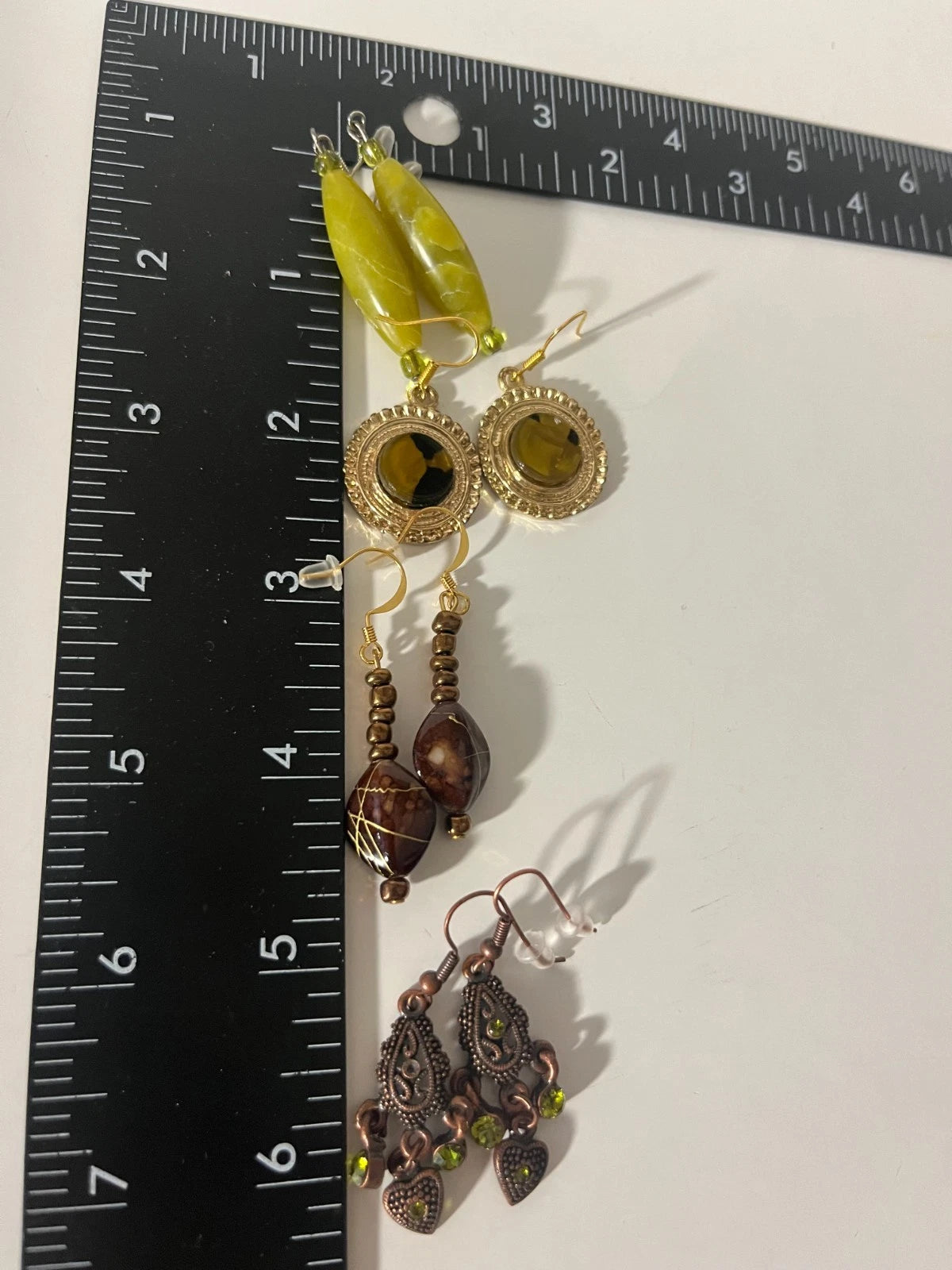 Goldtone Resin Metall Pierced Earrings 4 Pair Brown Green 2"-3" USA Made L8