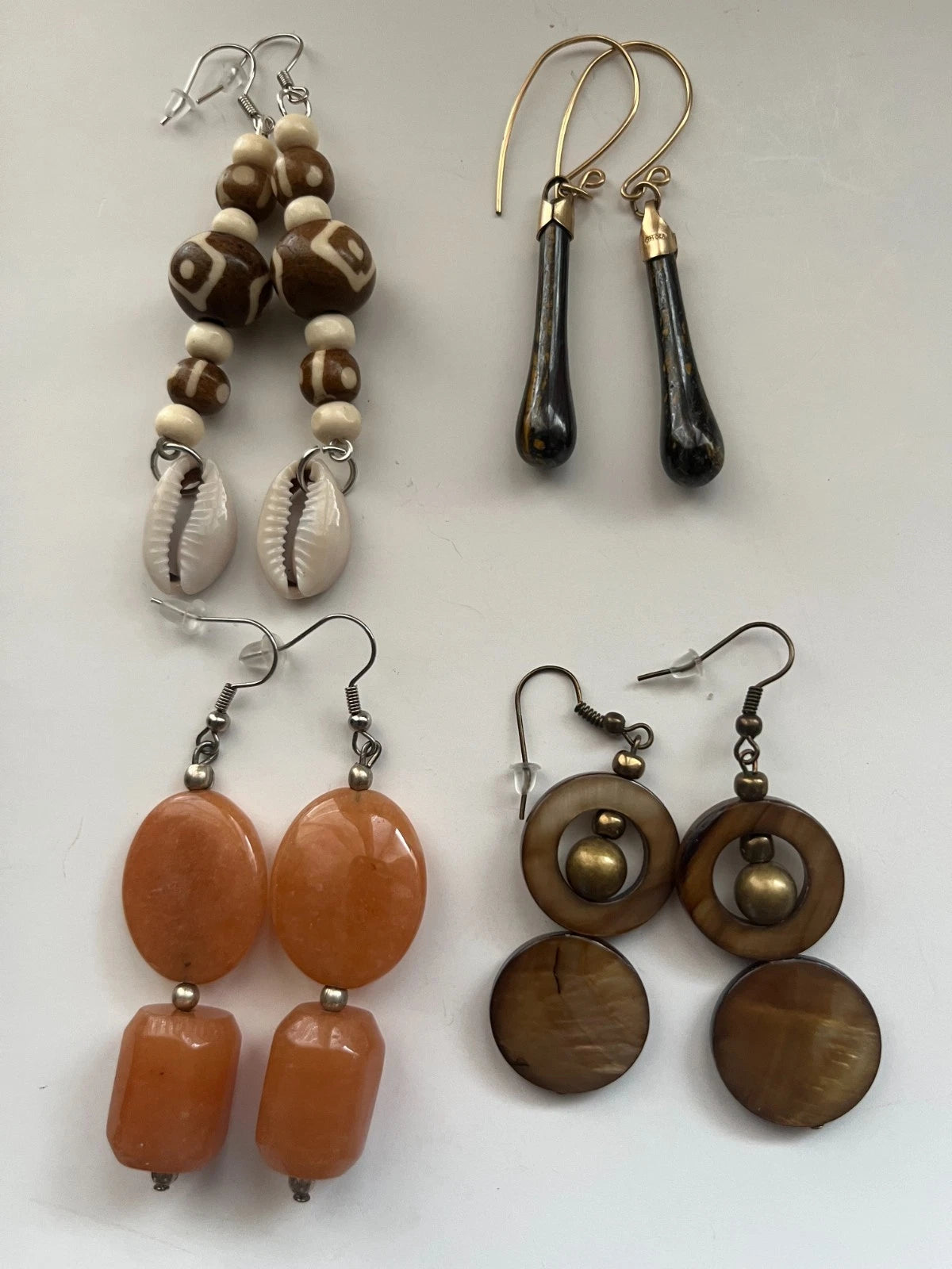 Pearl Cowrie Shell Tiger Eye Aventurine Pierced Earrings 4 Pair Dangle 3" USA Made K4