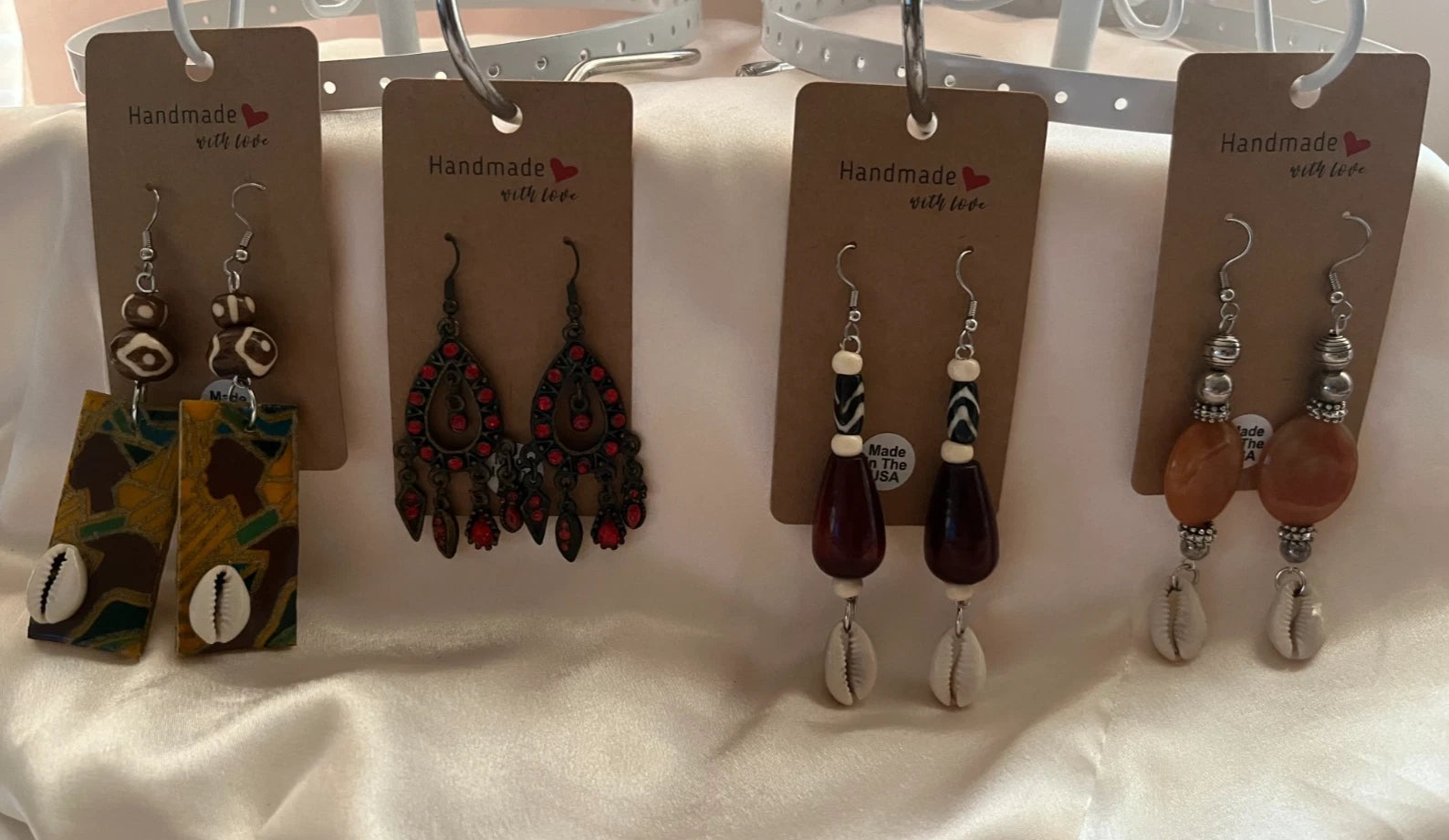 Bone Aventurine Wood Resin Pierced Earrings 4 Pair Dangle 2"-3"USA Made M3